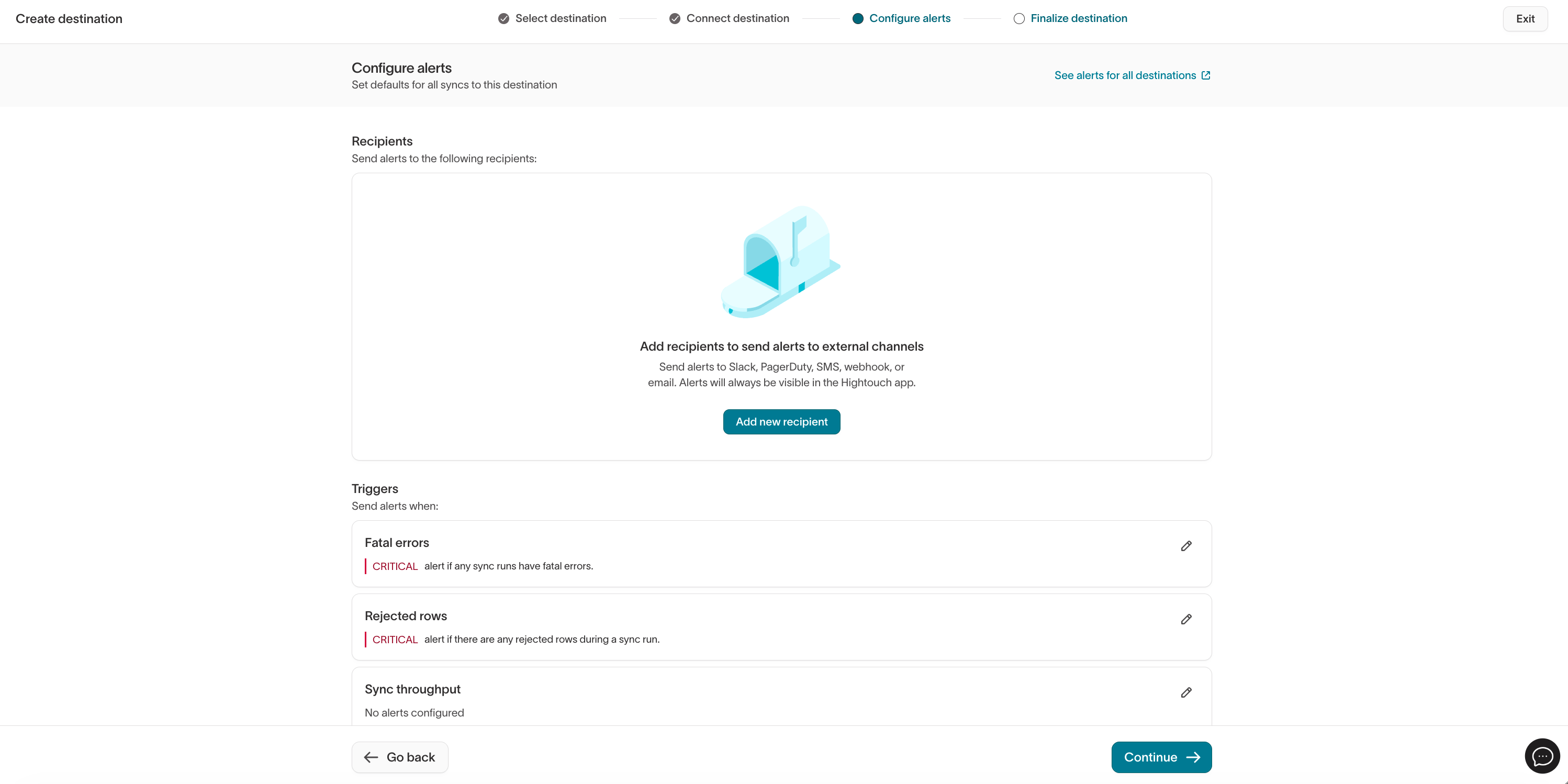 Configuring default alerts for the Sprig destination