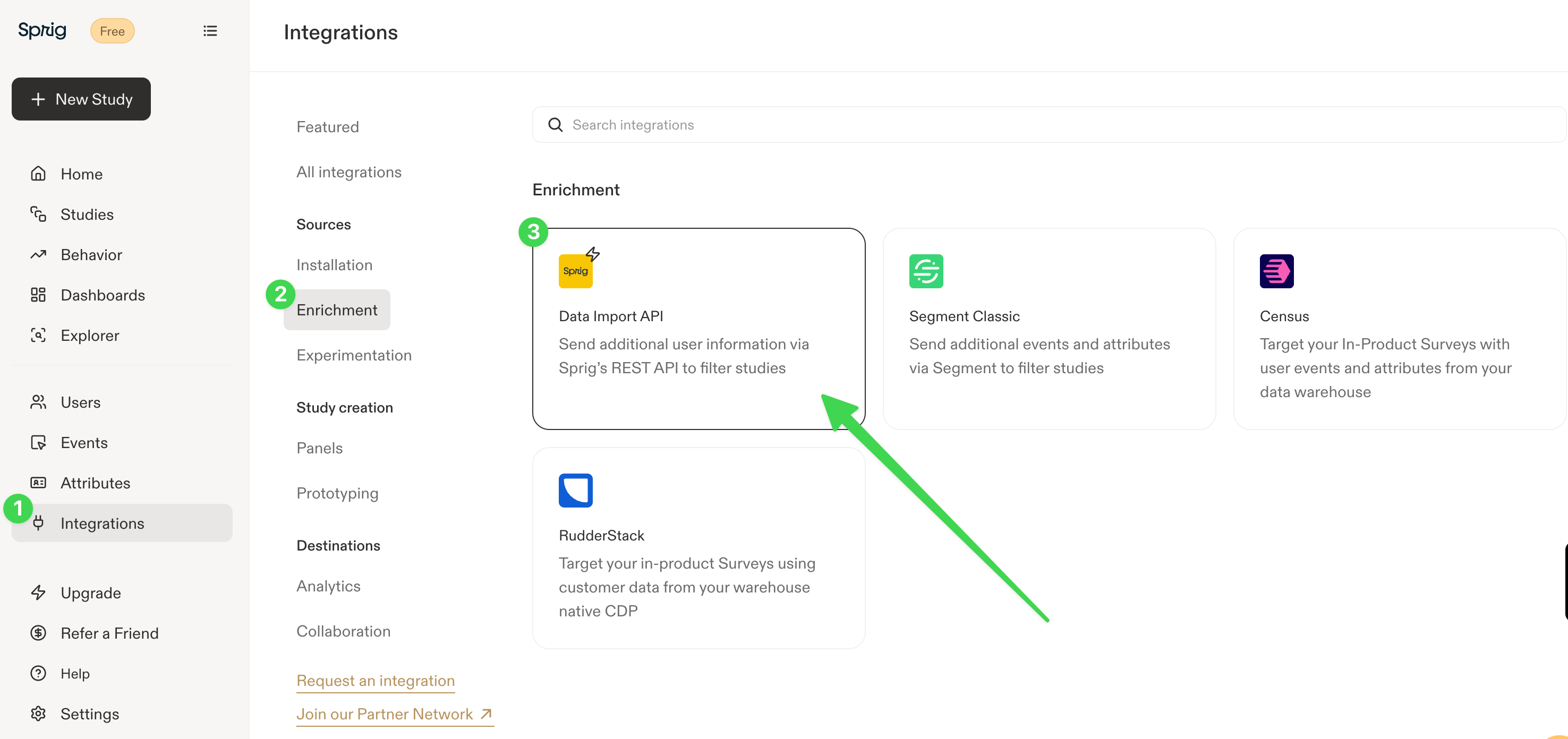 Locating the Data Import API in Sprig's Integrations page