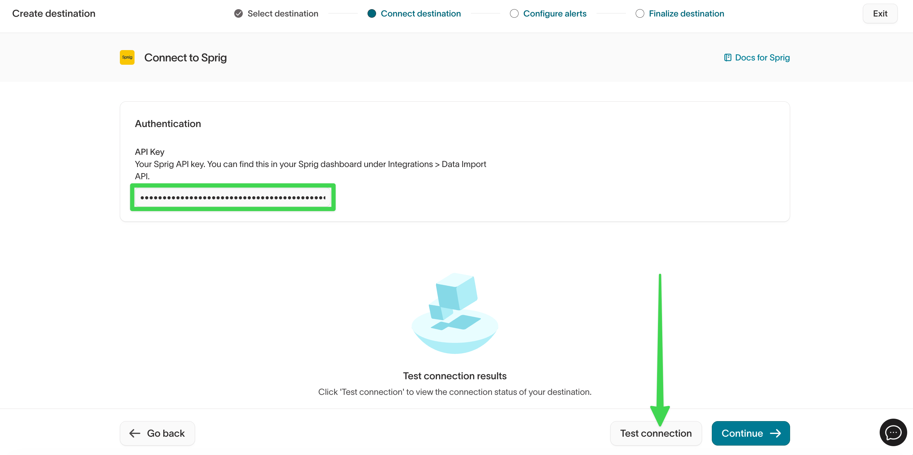 Entering the Sprig API key in Hightouch and testing the connection
