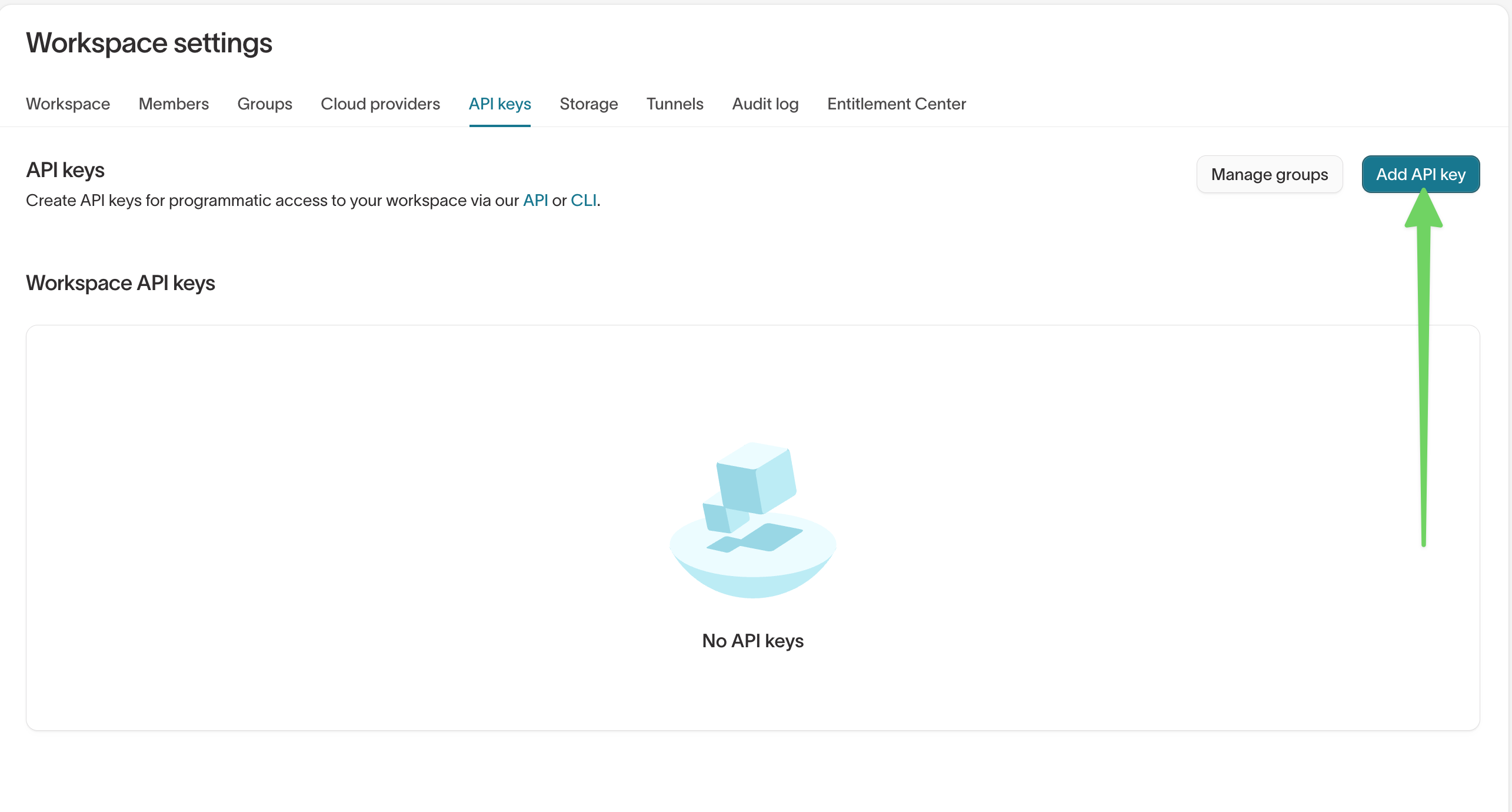 API keys tab in Workspace settings with the Add API key button highlighted