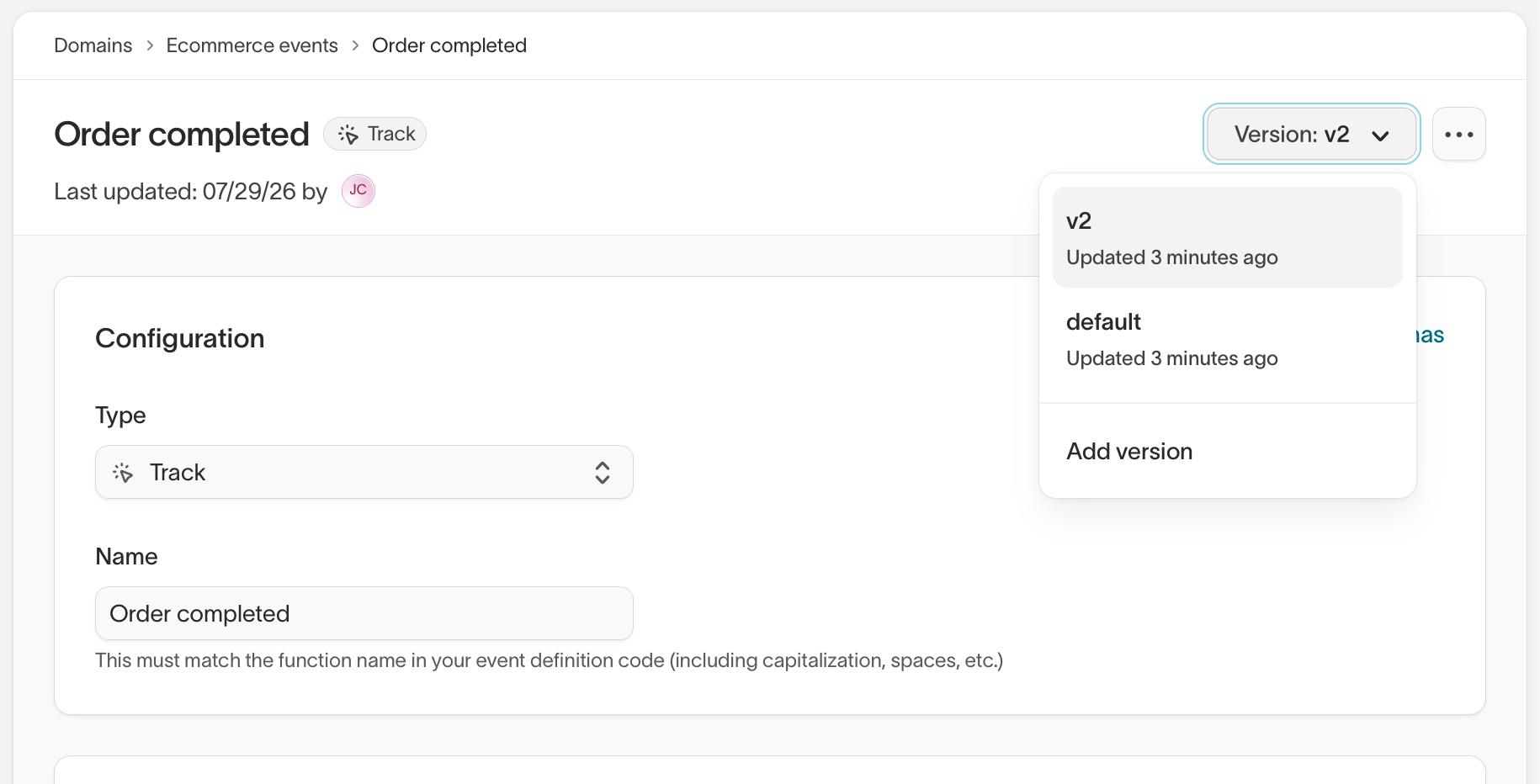Event versioning screenshot