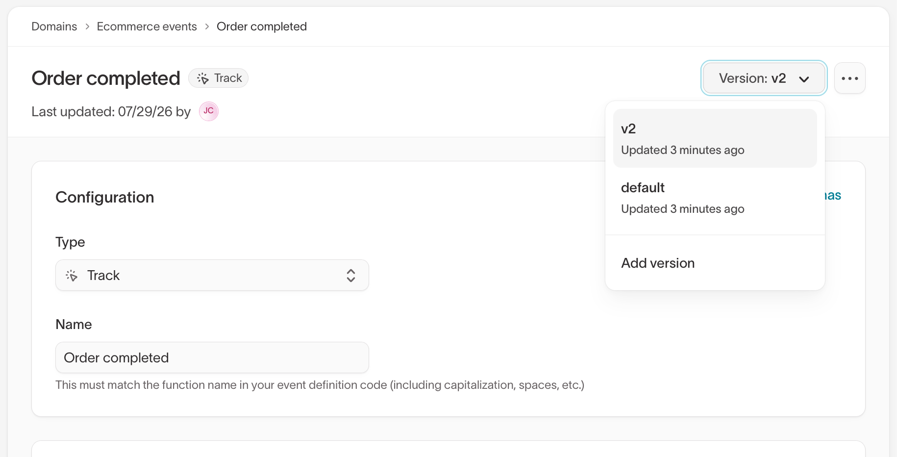 Event versioning screenshot