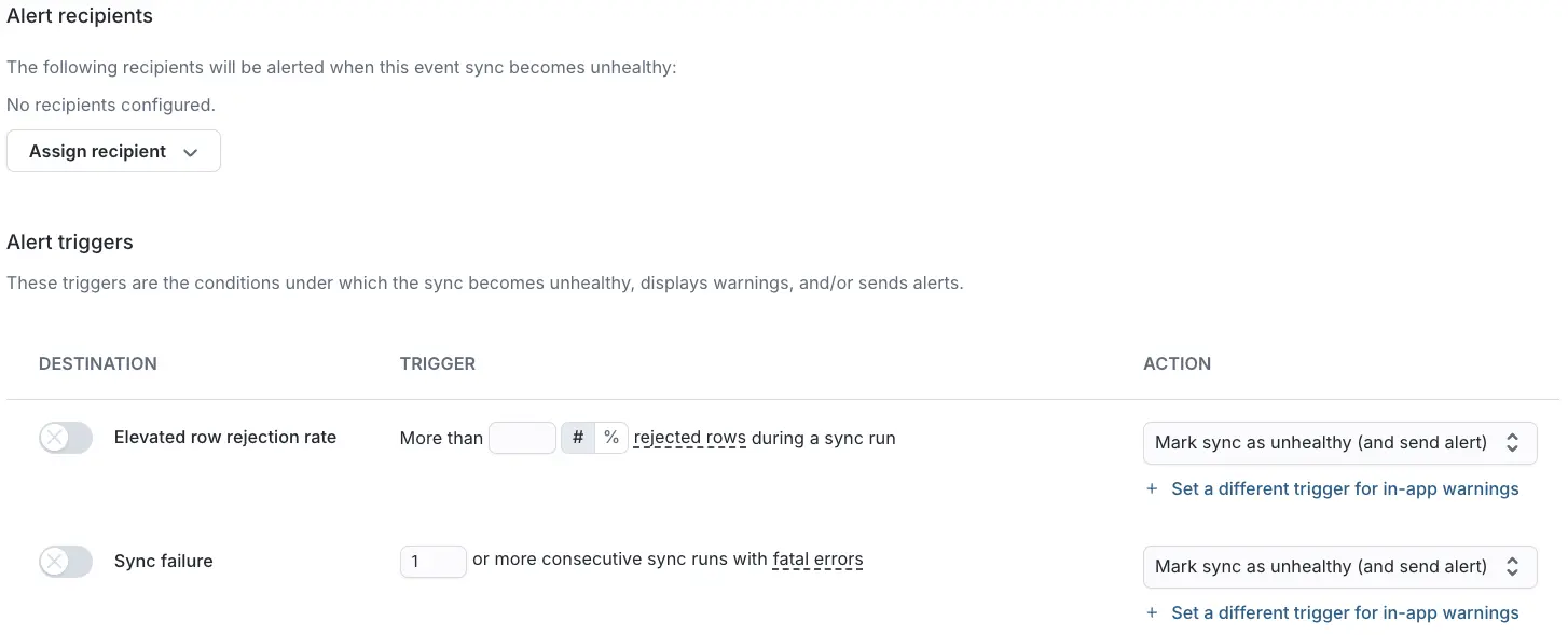 Event sync alert configuration