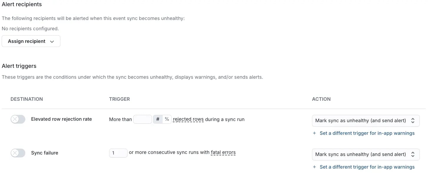 Event sync alert configuration