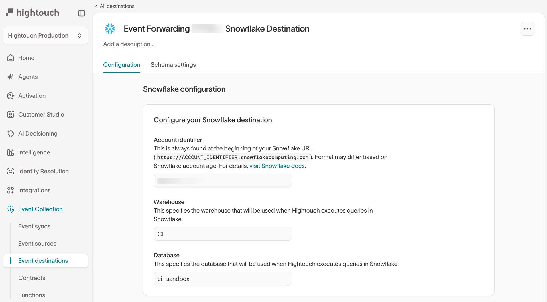 Event destination configuration tab