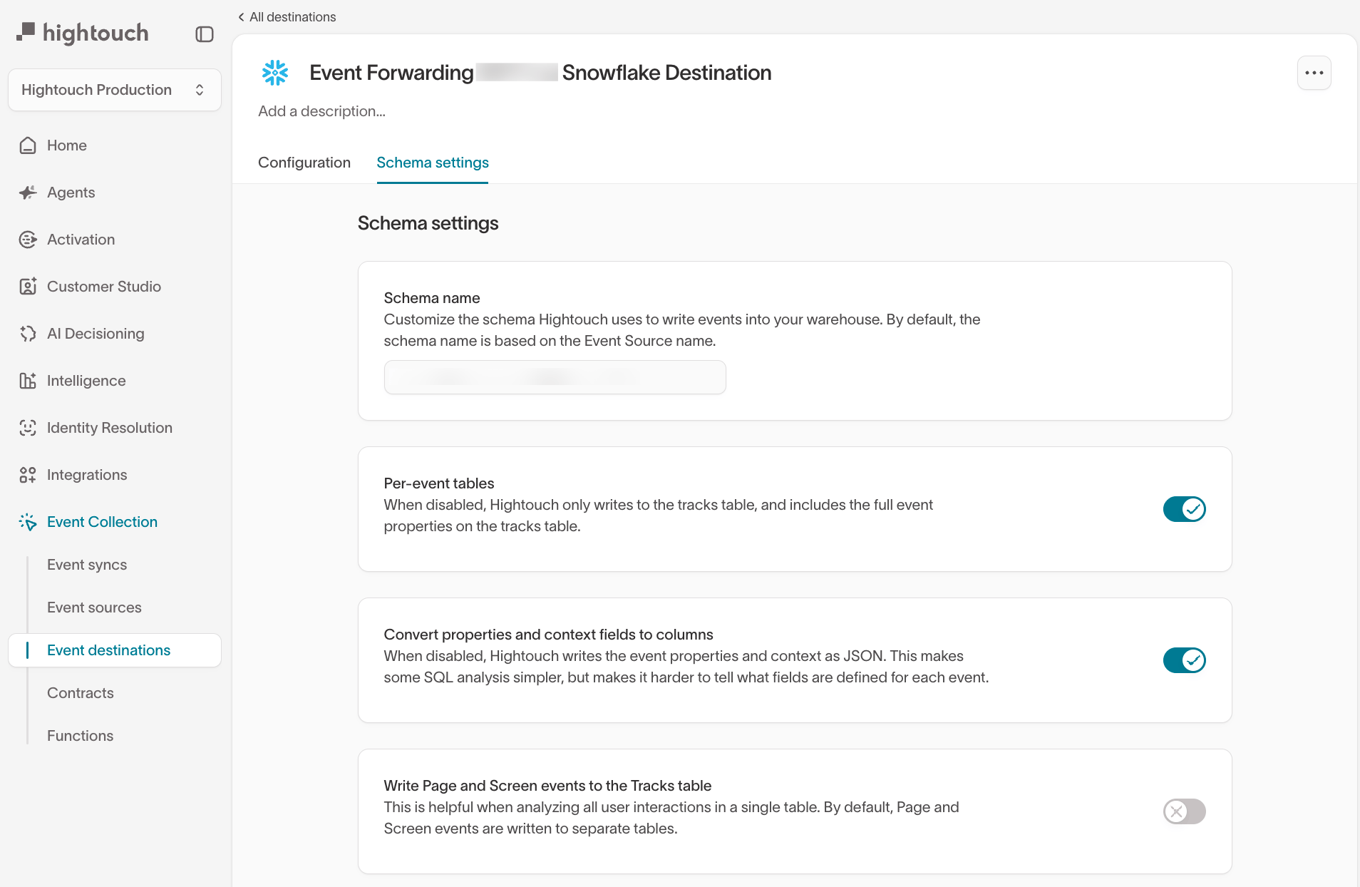 Event destination schema settings