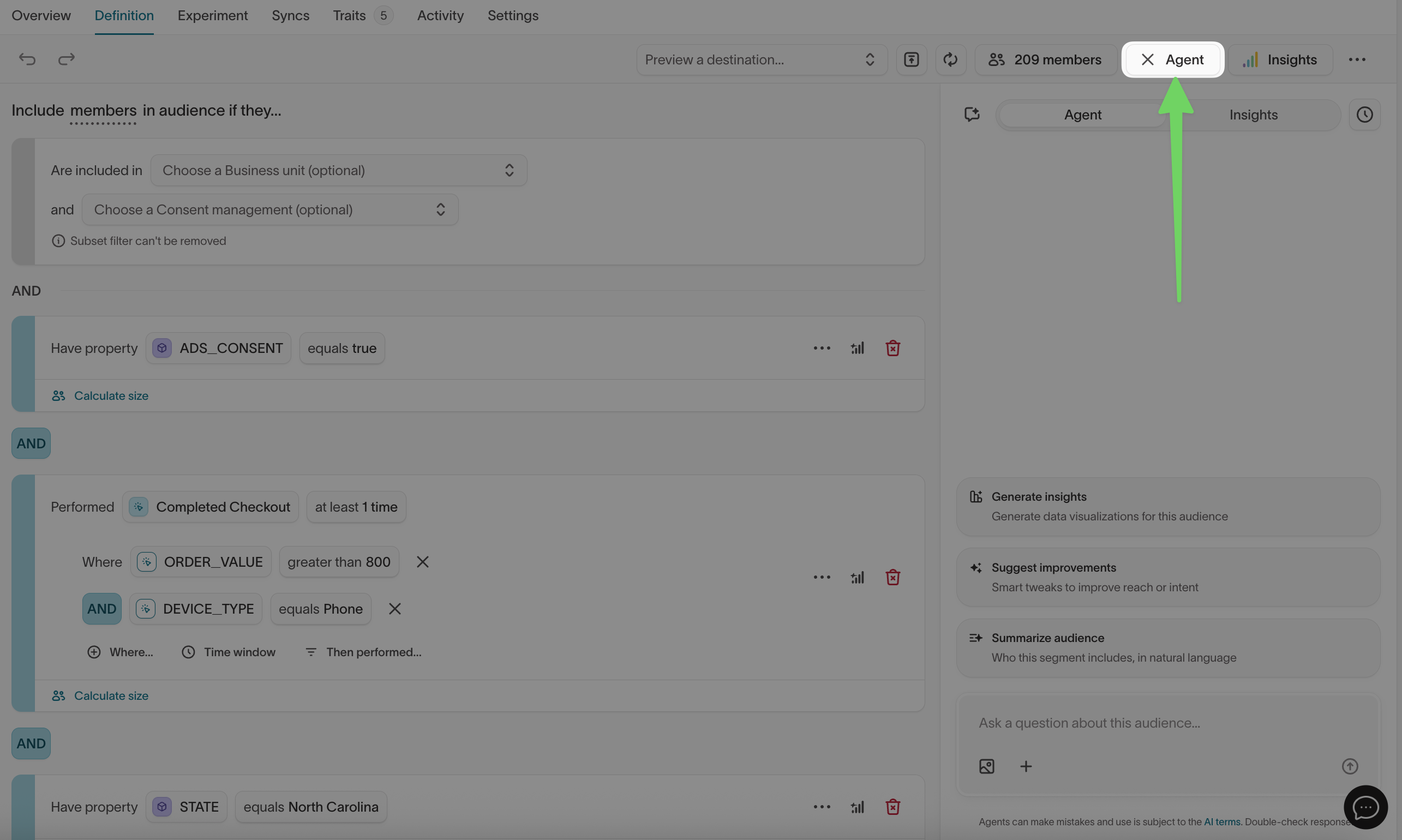 Open the agent from the audience builder toolbar