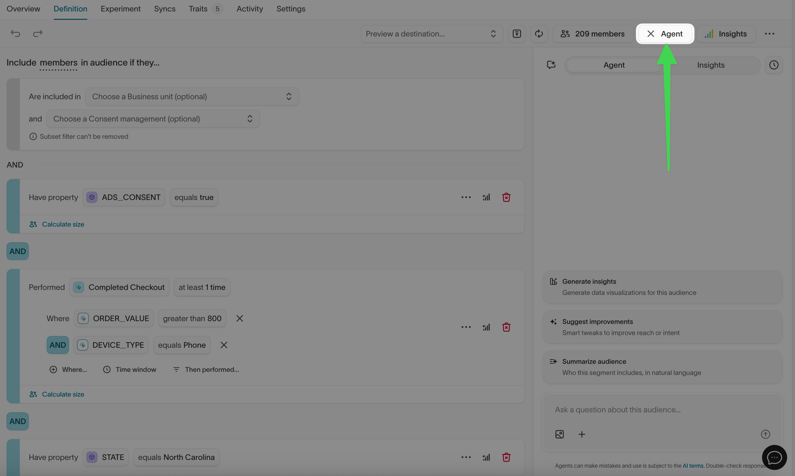 Open the agent from the audience builder toolbar