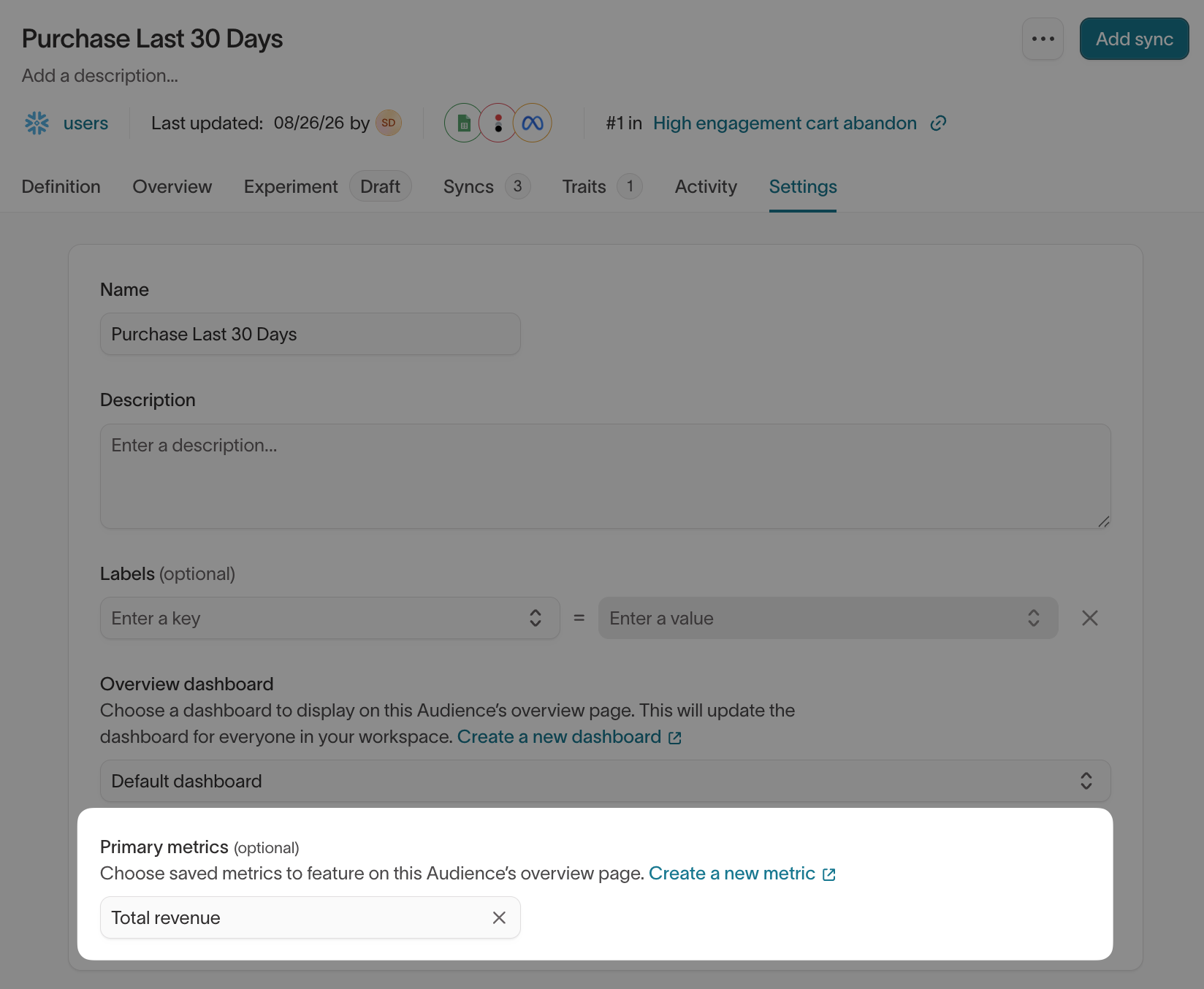 Select a primary metric in audience settings