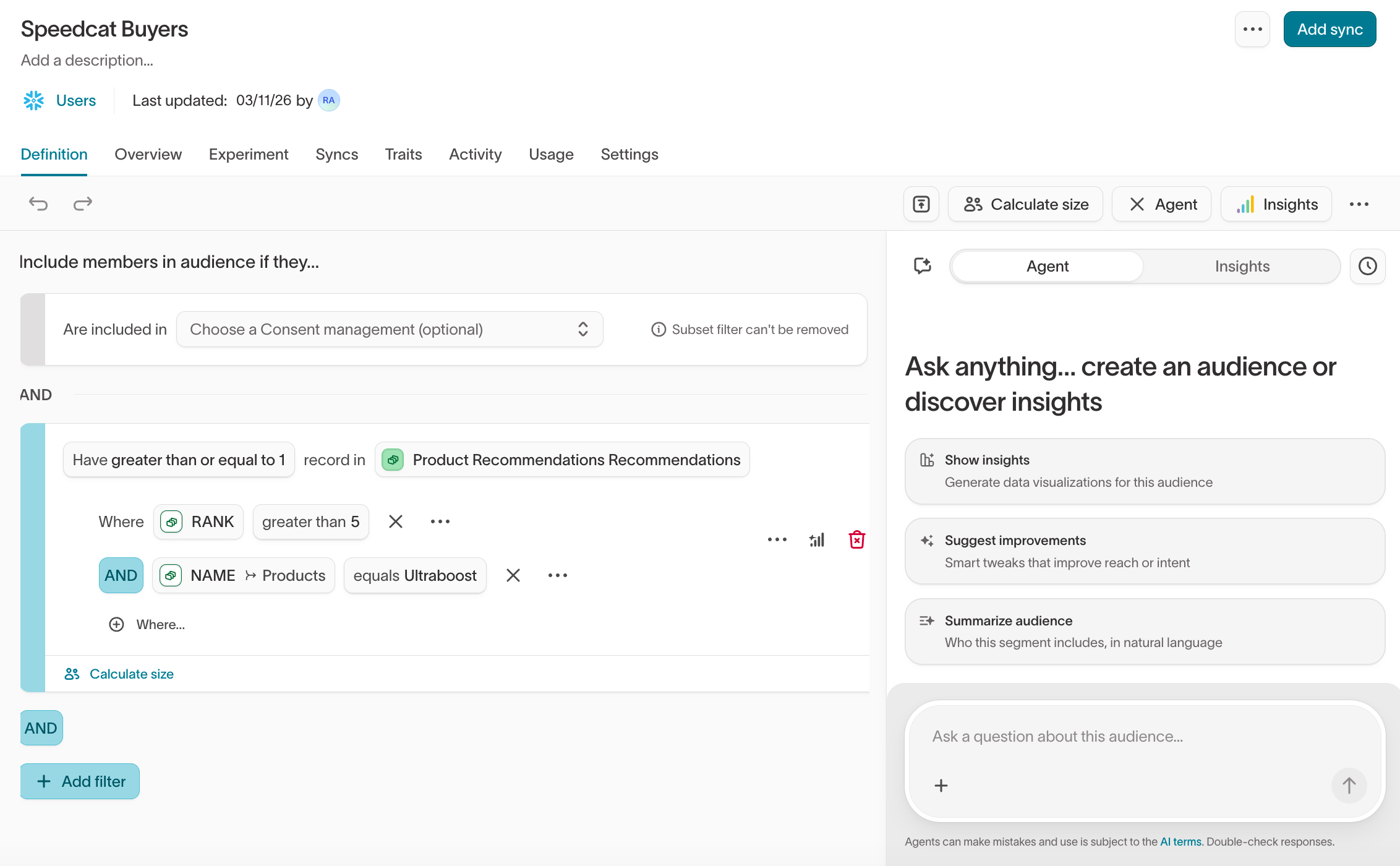 Audience builder with a catalog recommendation trait filter