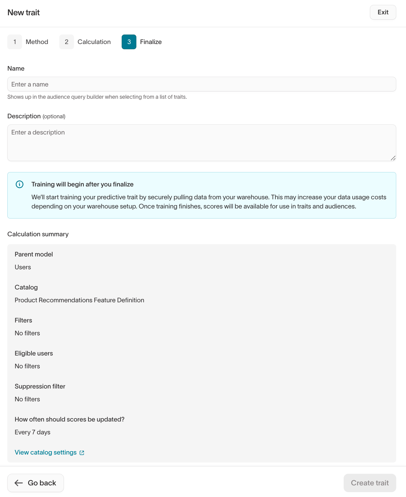 Finalize step showing trait name, description, and calculation summary