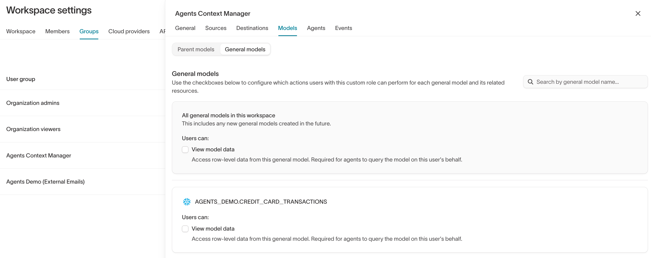 General models permissions in the role configuration panel