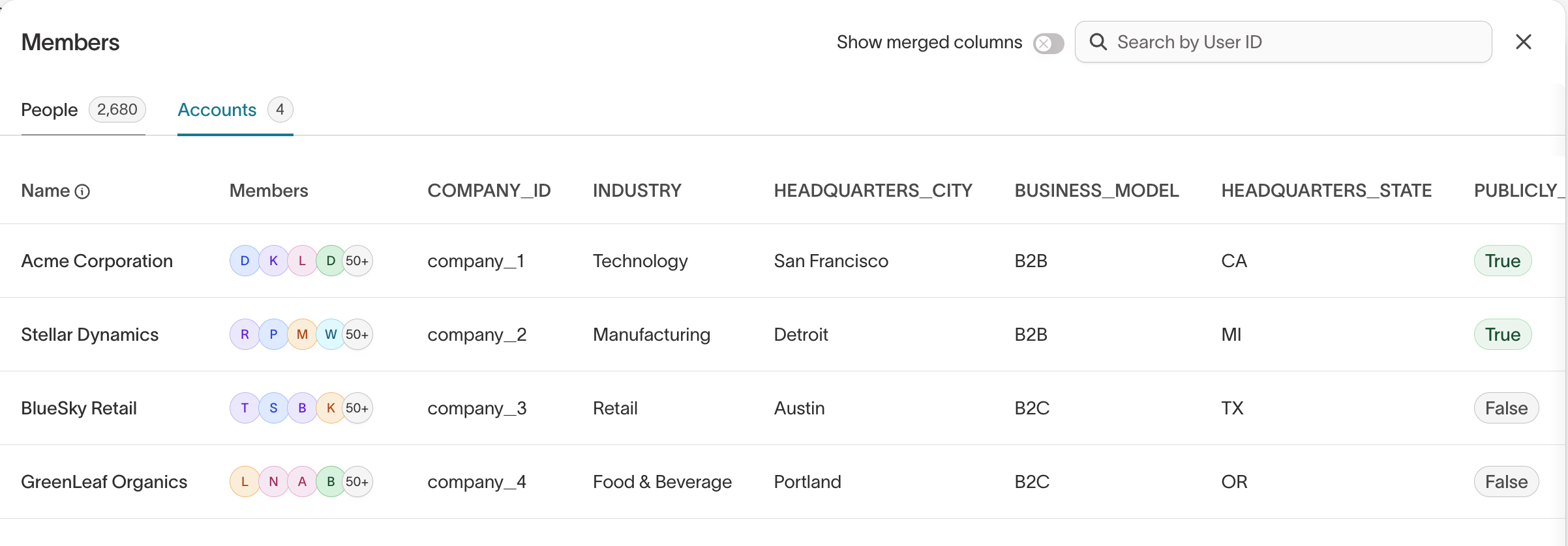 Previewing an account membership in the Hightouch UI
