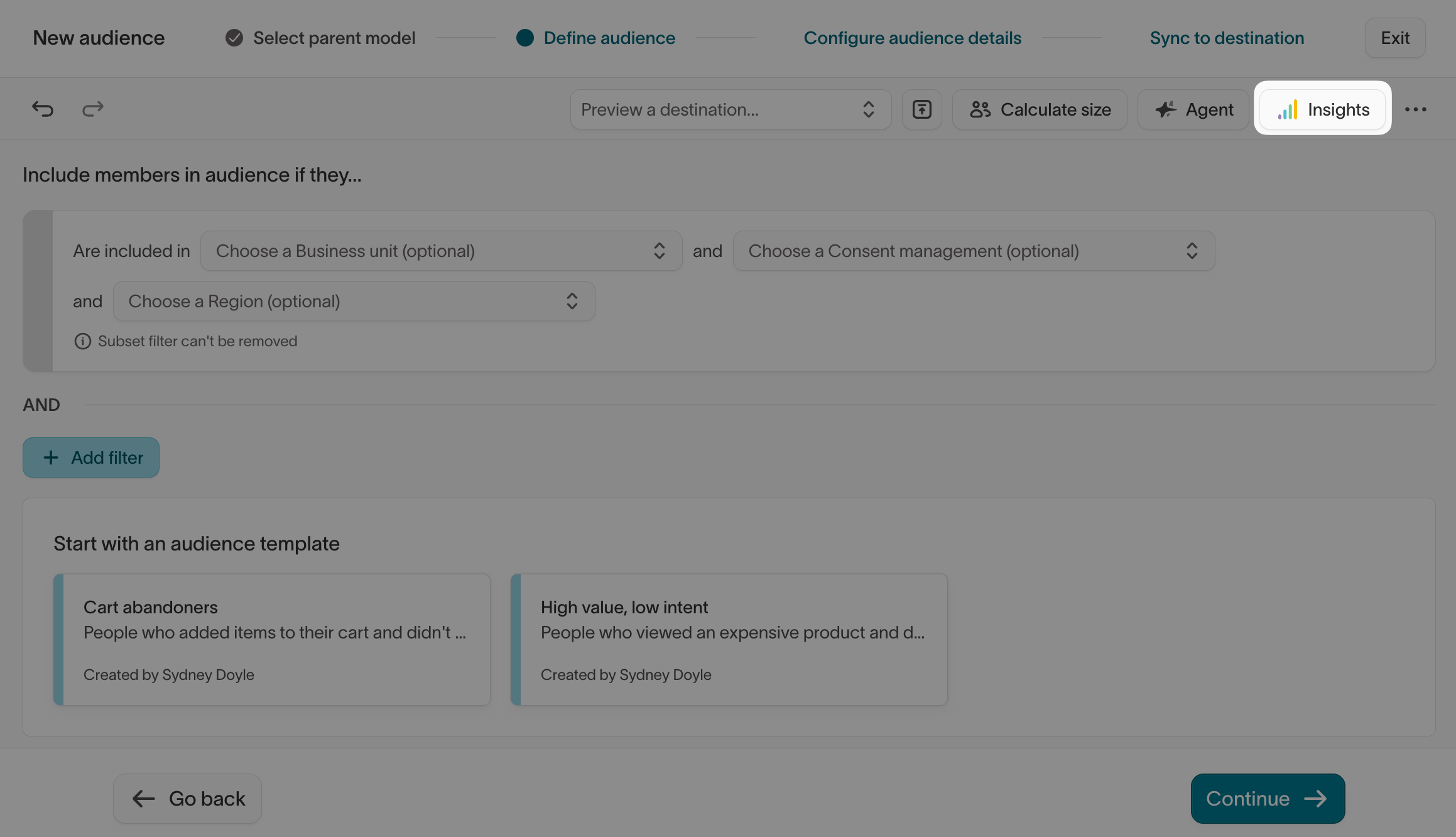 Insights button in the audience creation flow