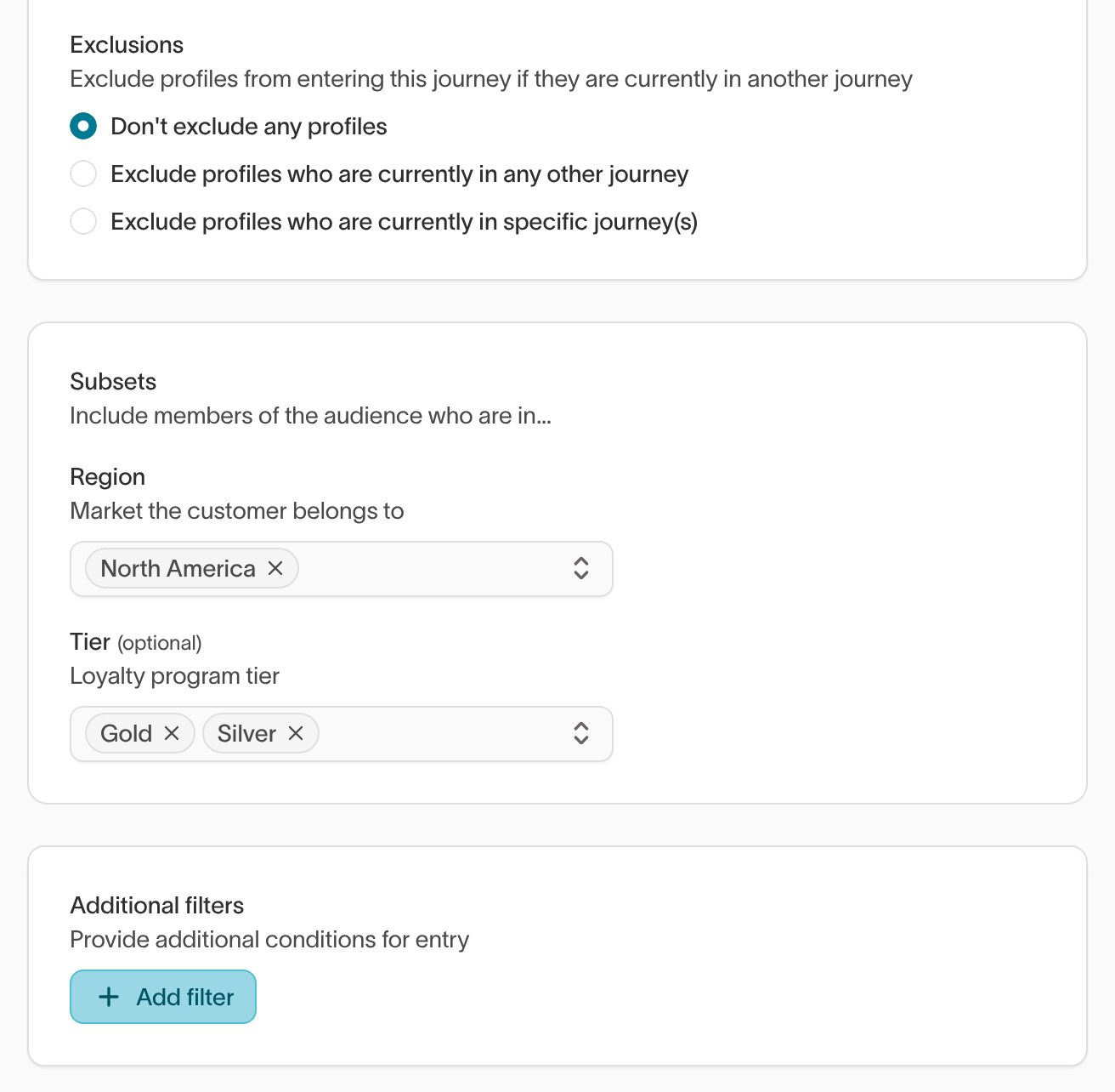 Subsets card on an event-based Start tile, with North America selected for the required Region category and Gold and Silver selected for the optional Tier category