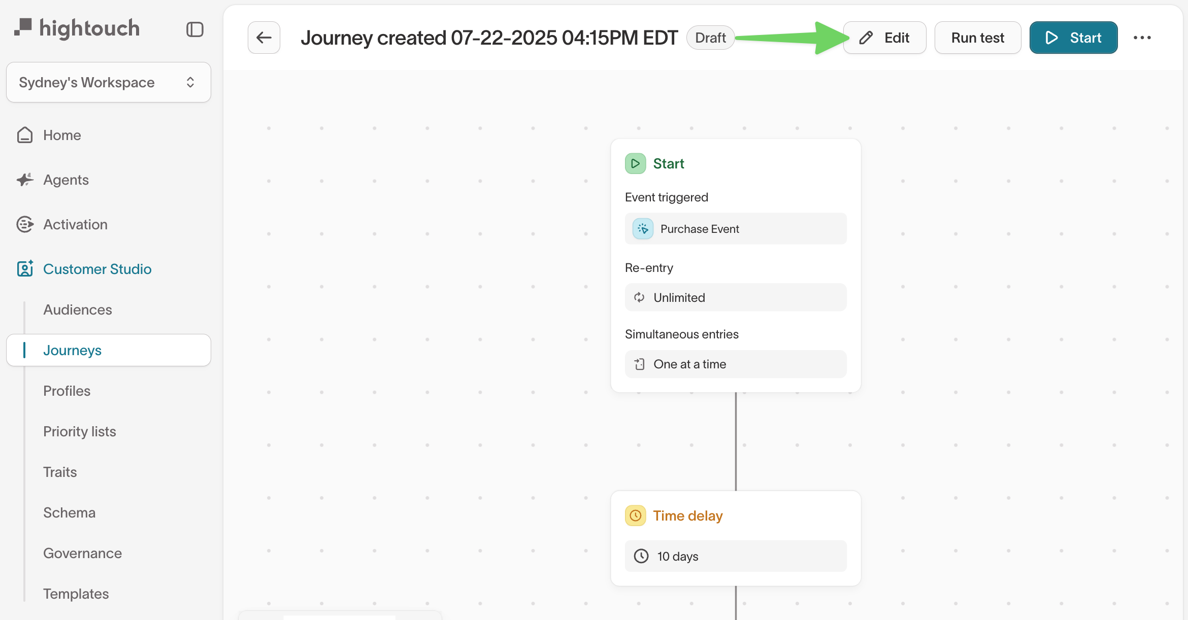 Journey canvas showing the Edit mode banner and edit controls