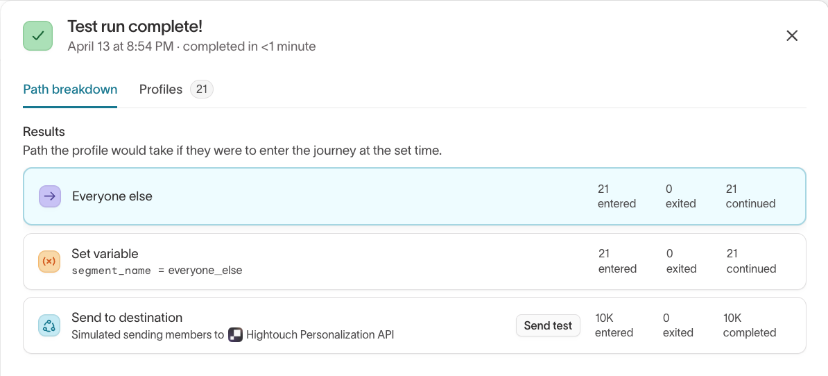Send a test from a journey simulation