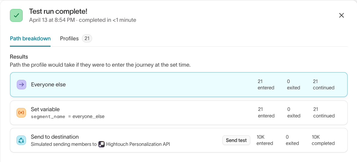 Send a test from a journey simulation