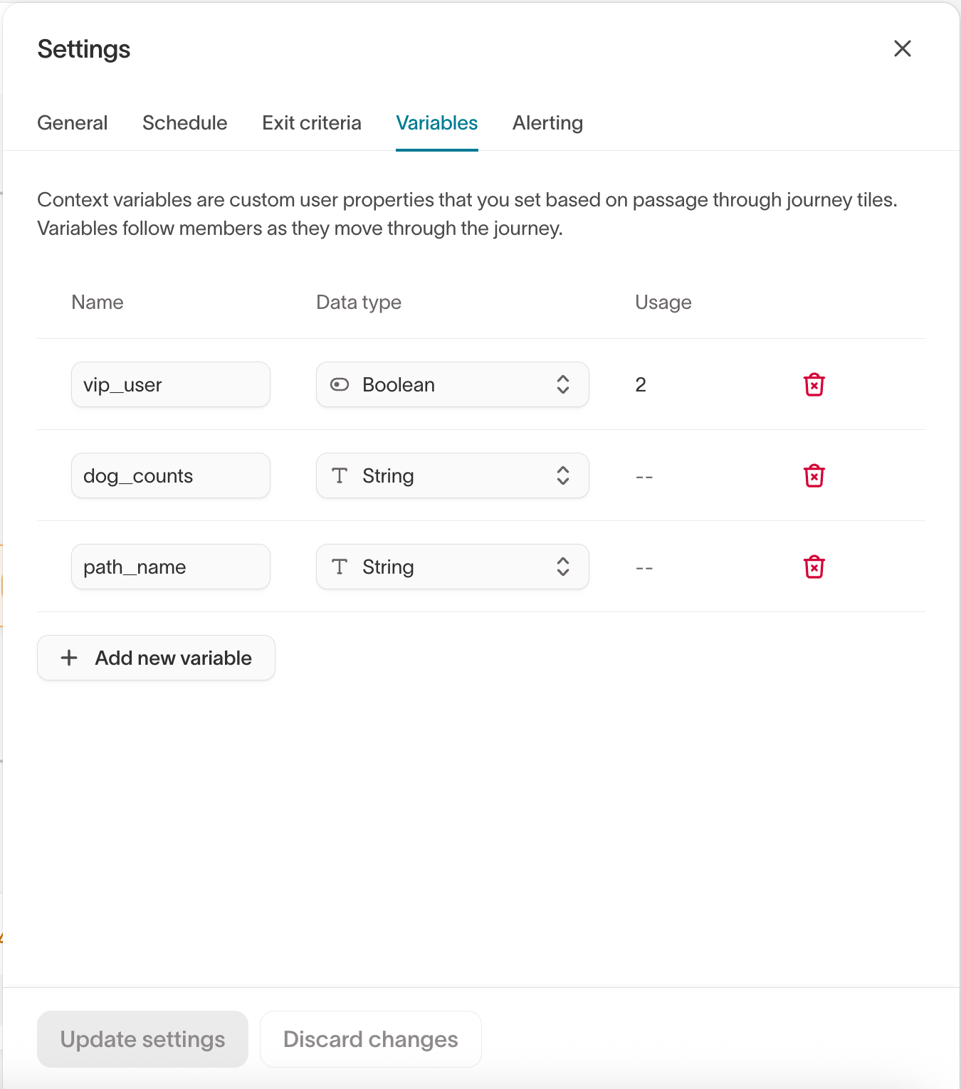 Journey Variables settings