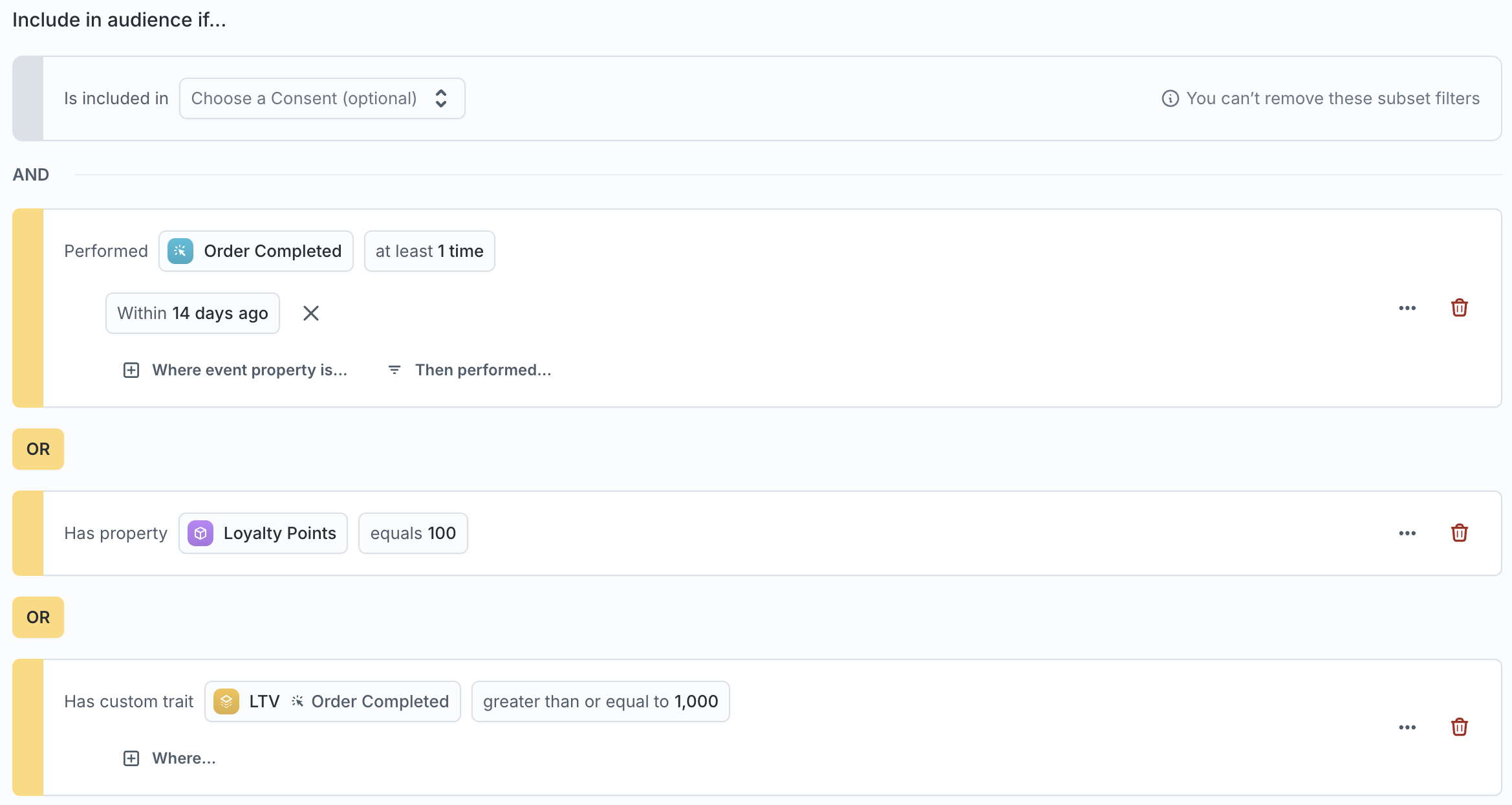 Audience builder combining an event, a property, and a custom trait condition