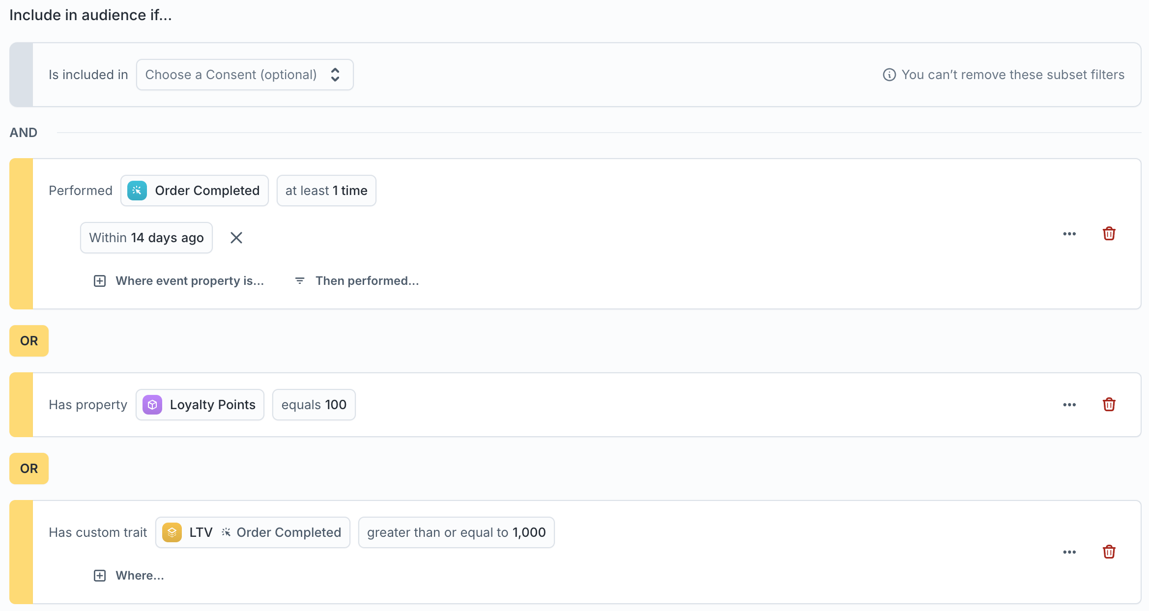 Audience builder combining an event, a property, and a custom trait condition
