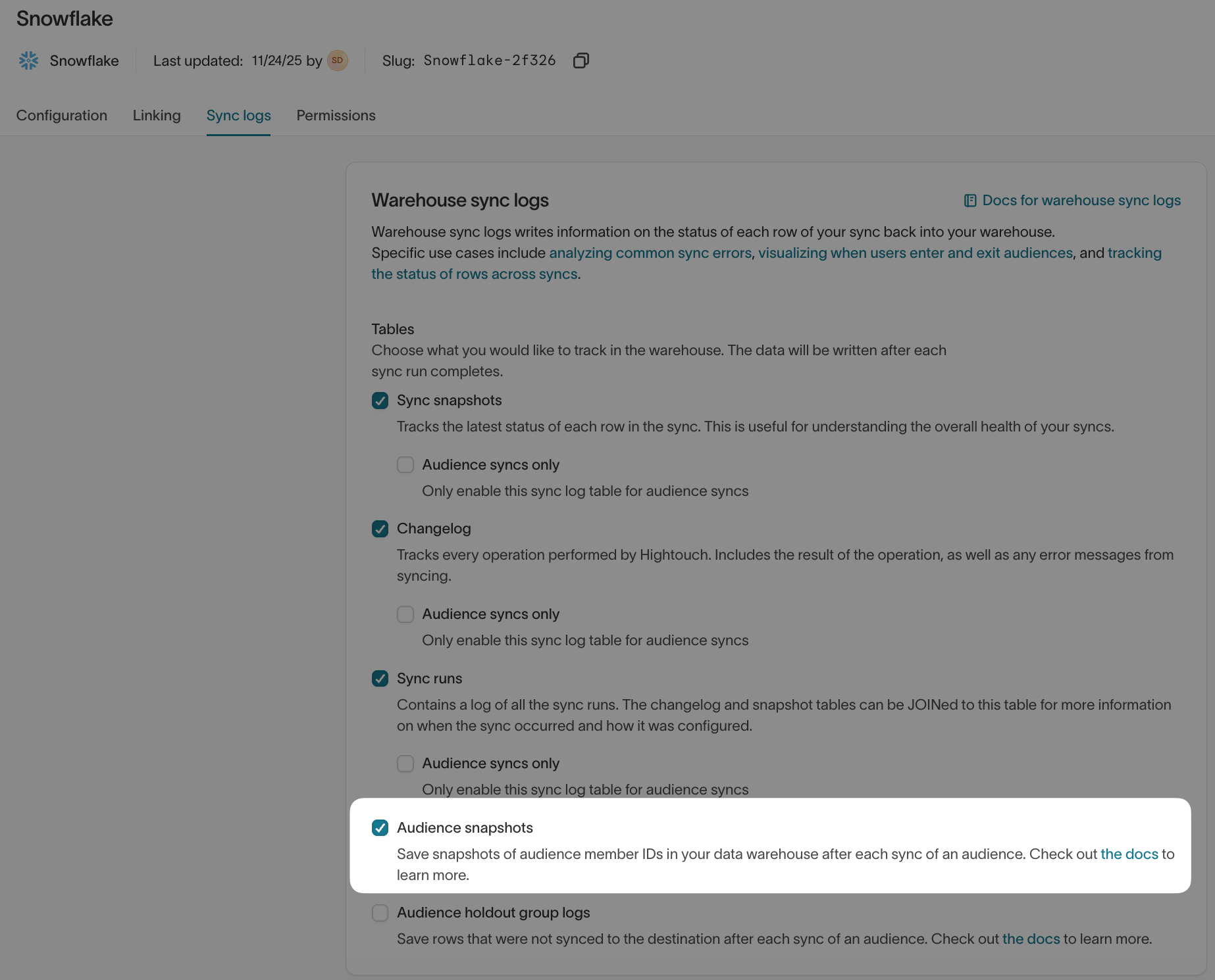 Enable audience snapshots