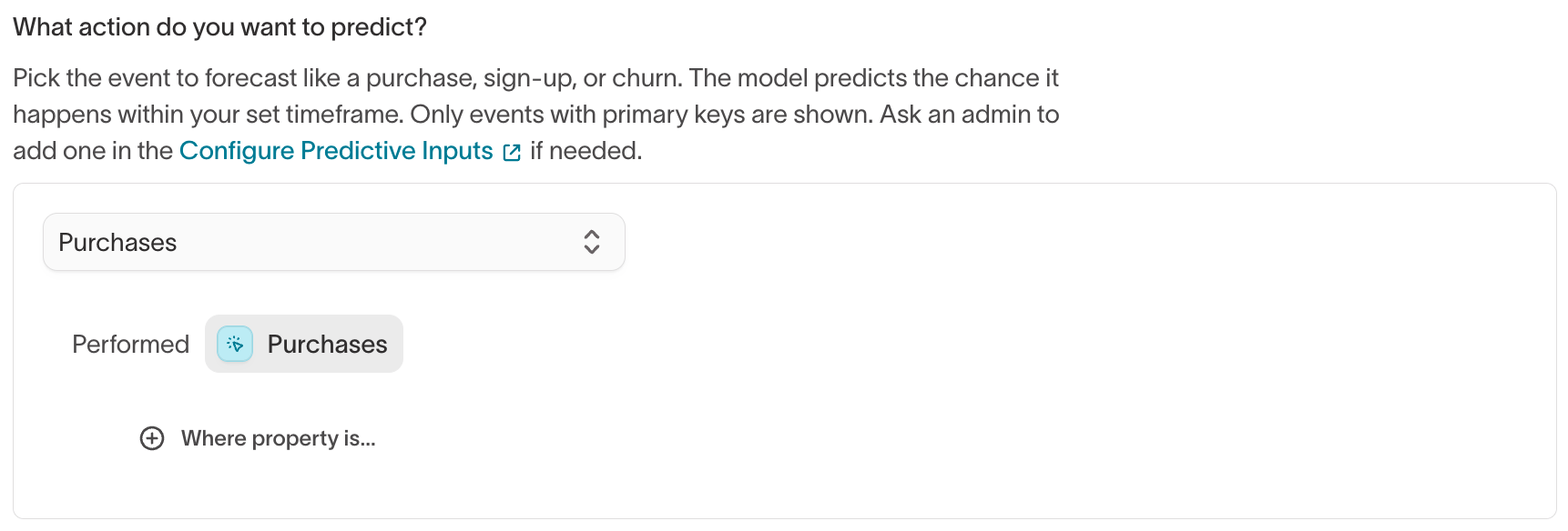 Event selection showing "What action do you want to predict?" with an event selected