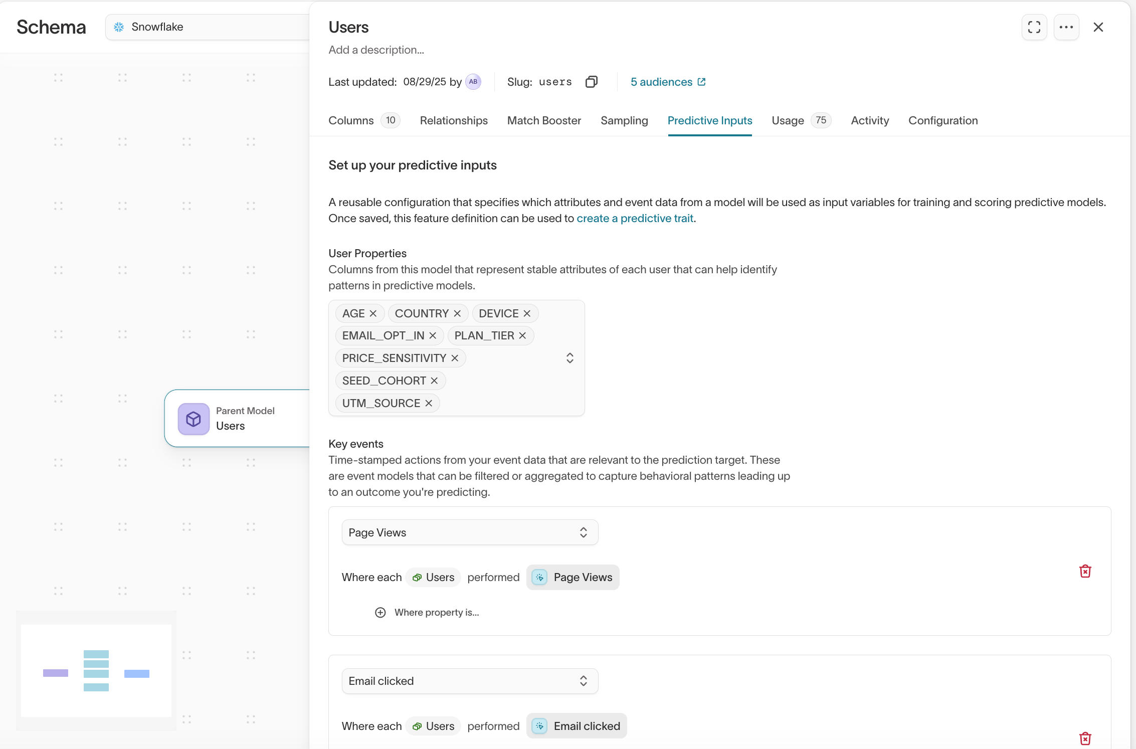Predictive Inputs tab on a parent model showing user properties and key events configuration