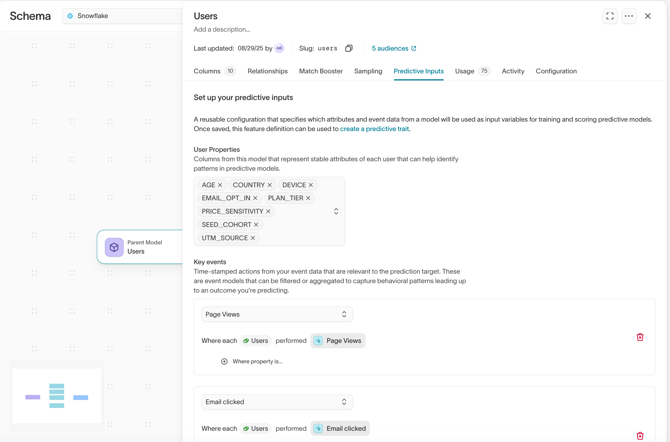 Predictive Inputs tab on a parent model showing user properties and key events configuration