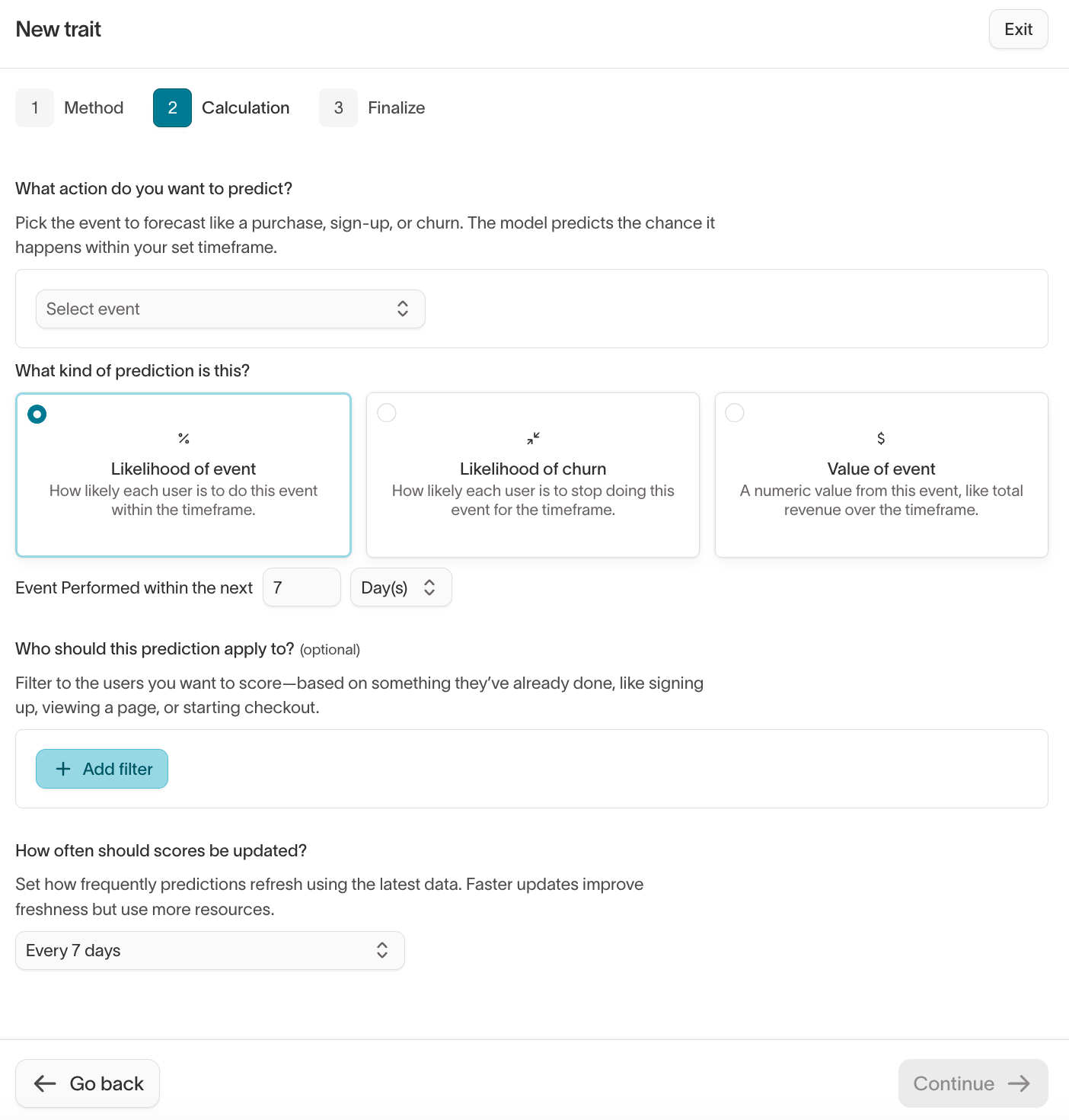 Calculation step showing the three prediction types, the event selector, the timeframe, and the update schedule