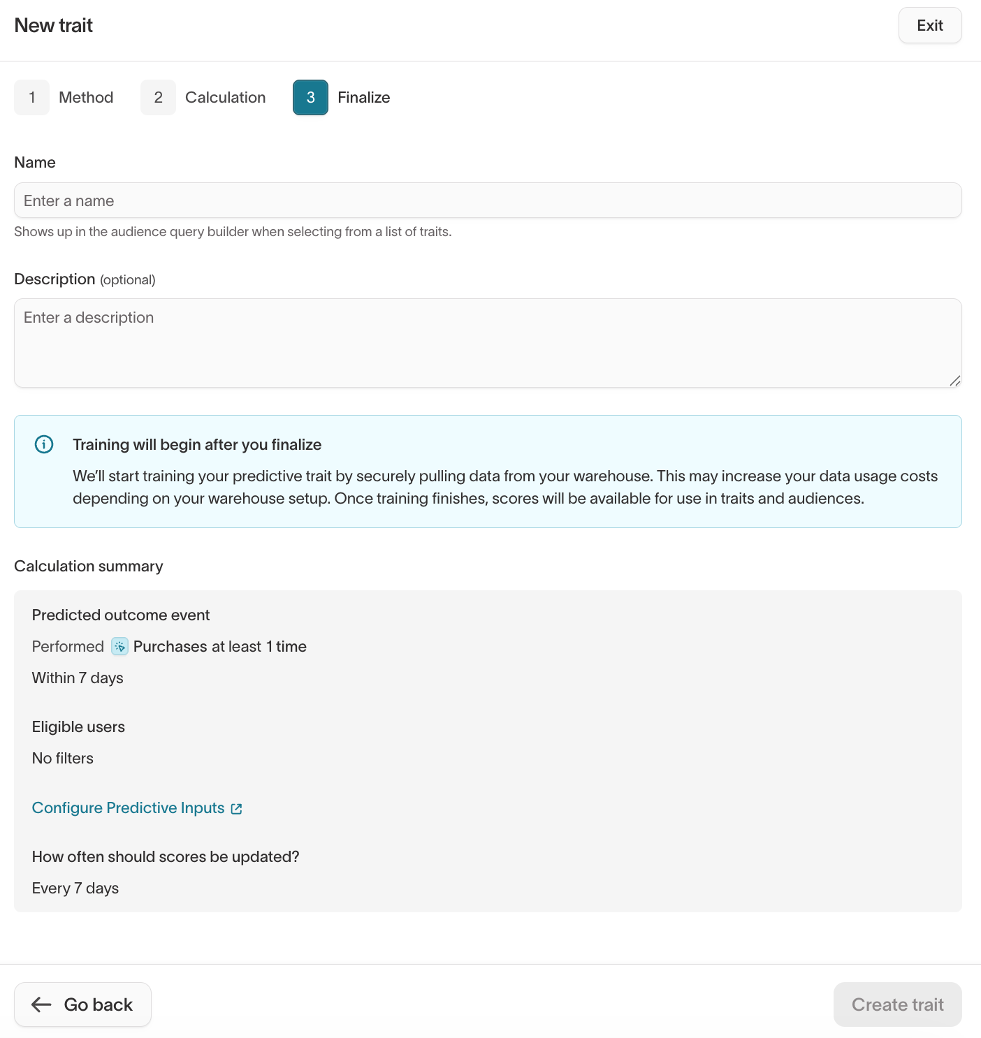 Finalize step showing the trait name, description, training notice, and calculation summary