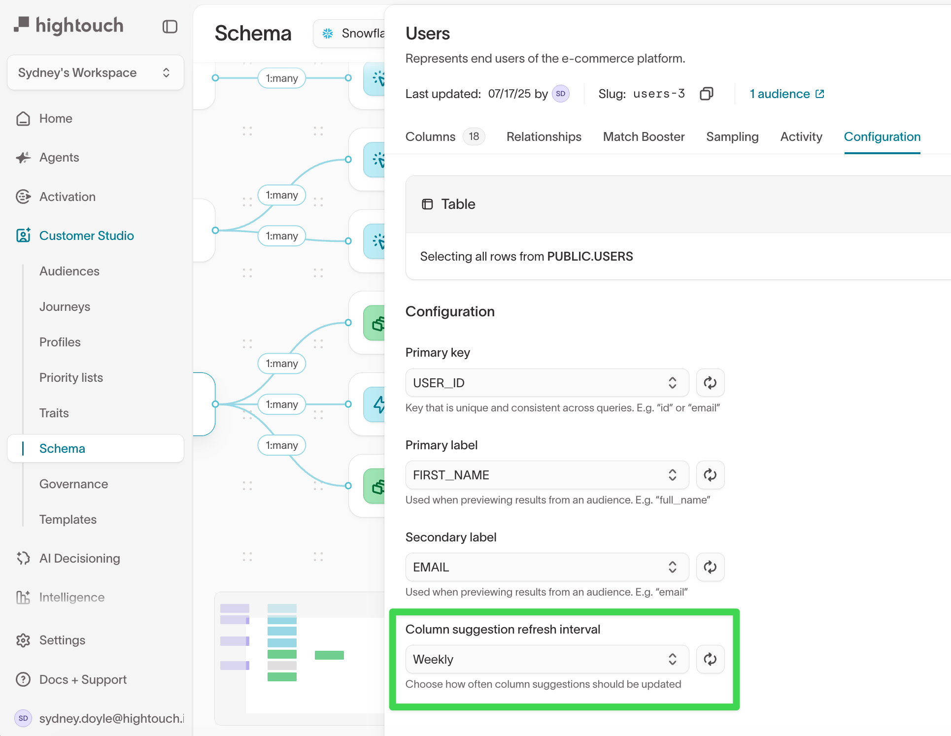 Column suggestion refresh interval dropdown