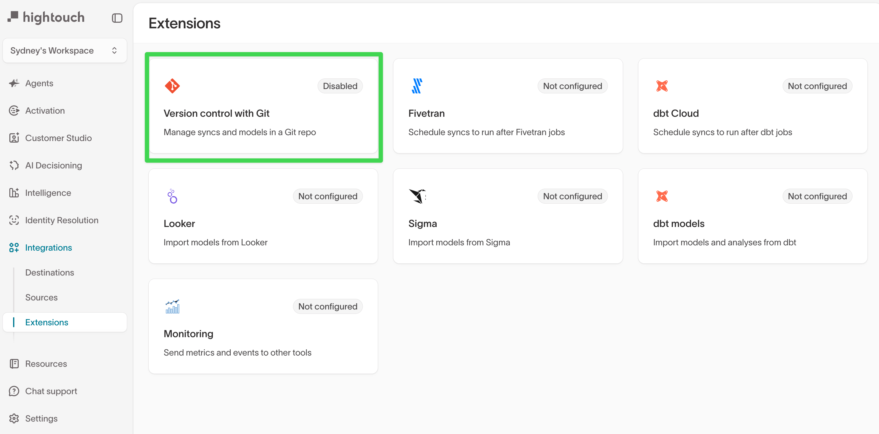 The Extensions page in Hightouch with Version control with Git highlighted