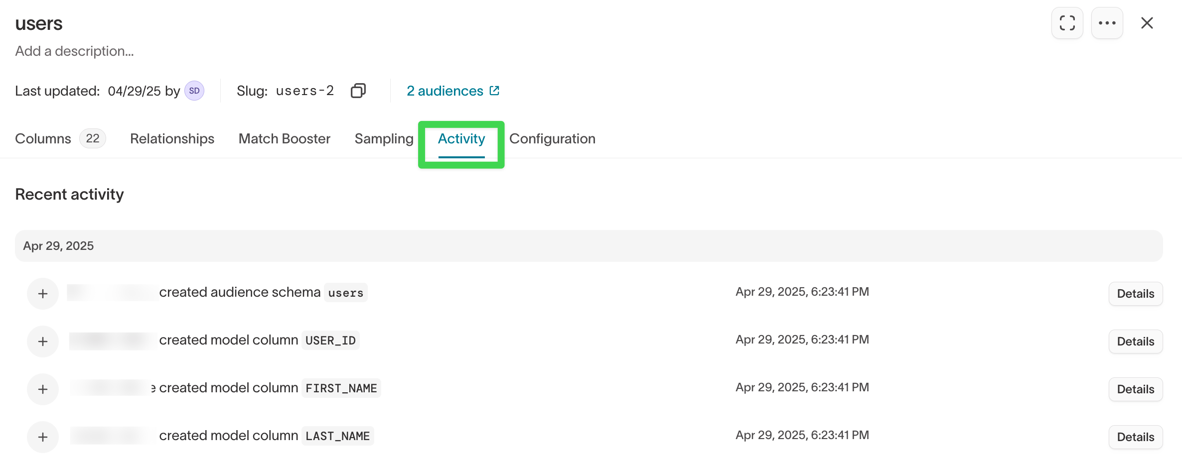 Activity tab