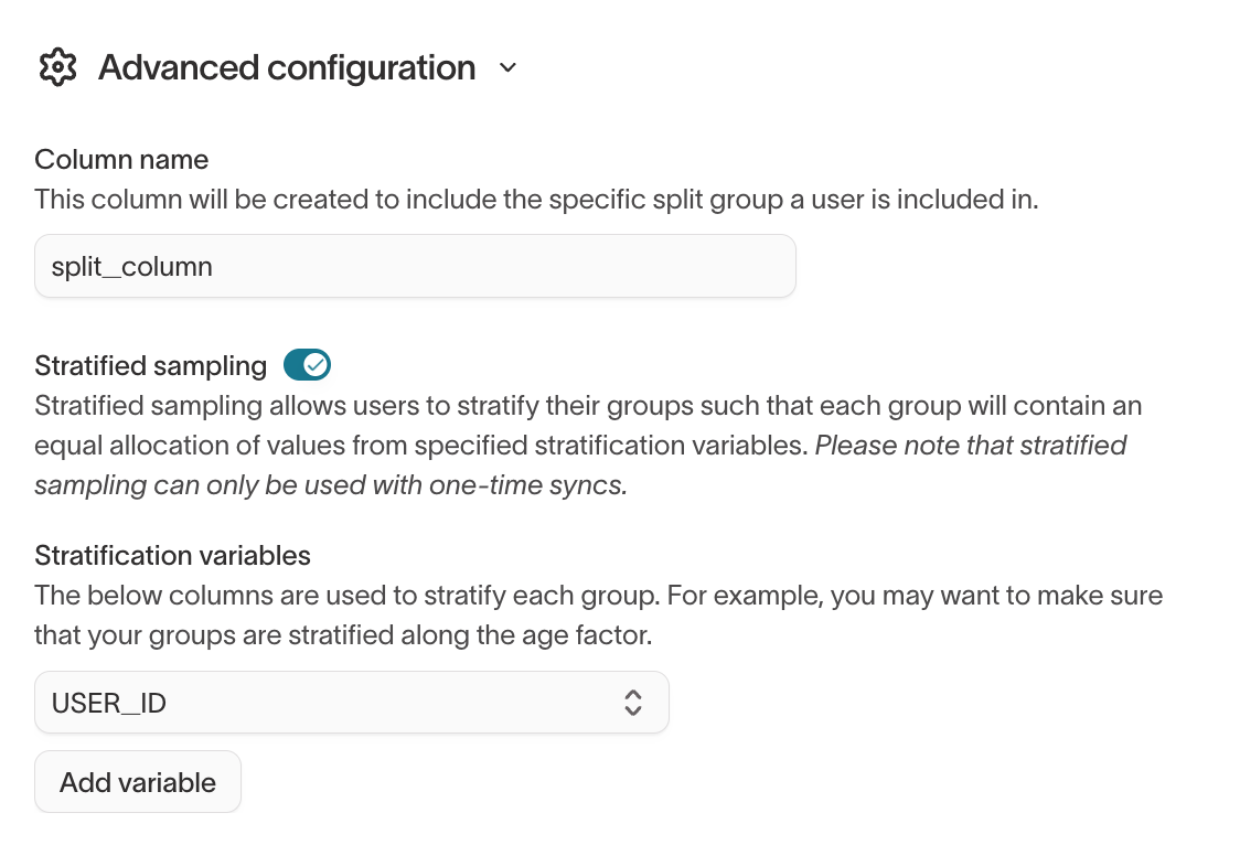 Stratified sampling enabled with a stratification variable selected