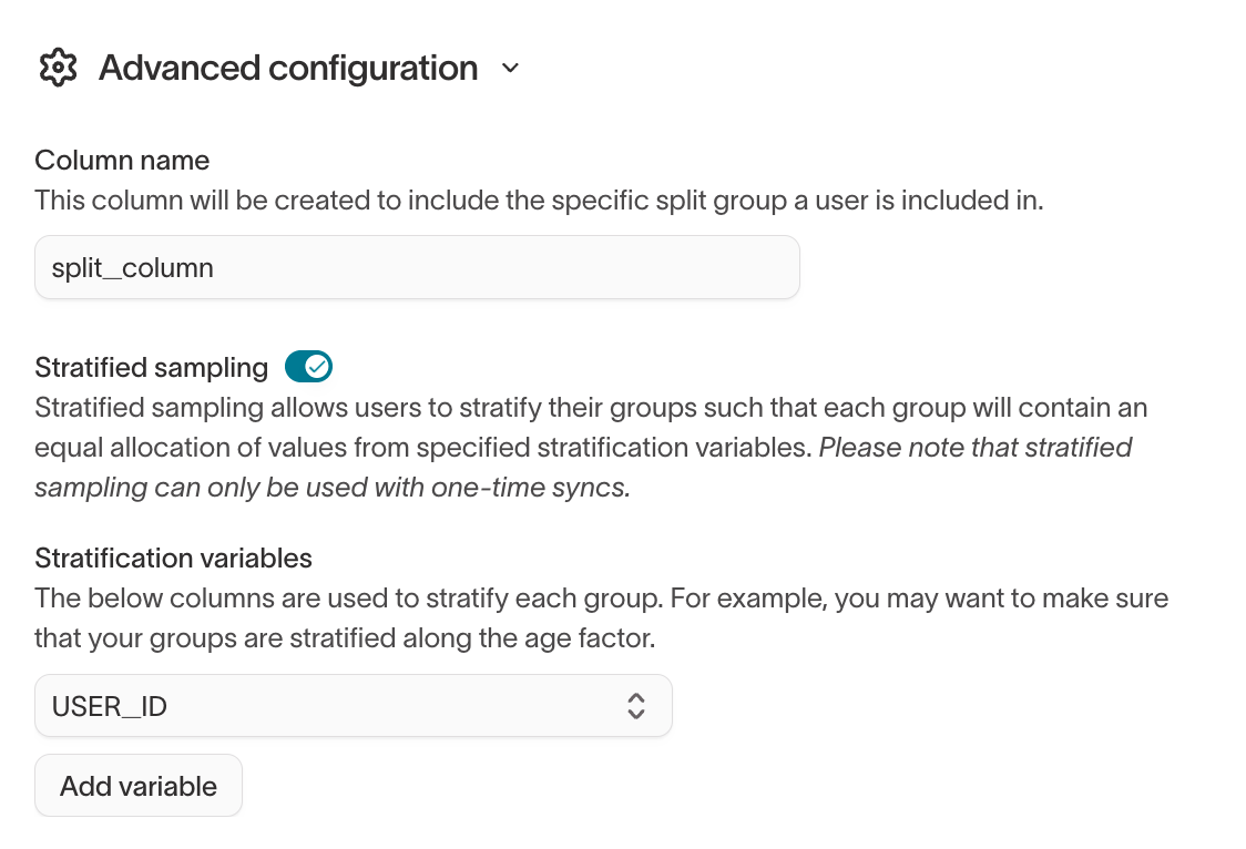 Stratified sampling enabled with a stratification variable selected