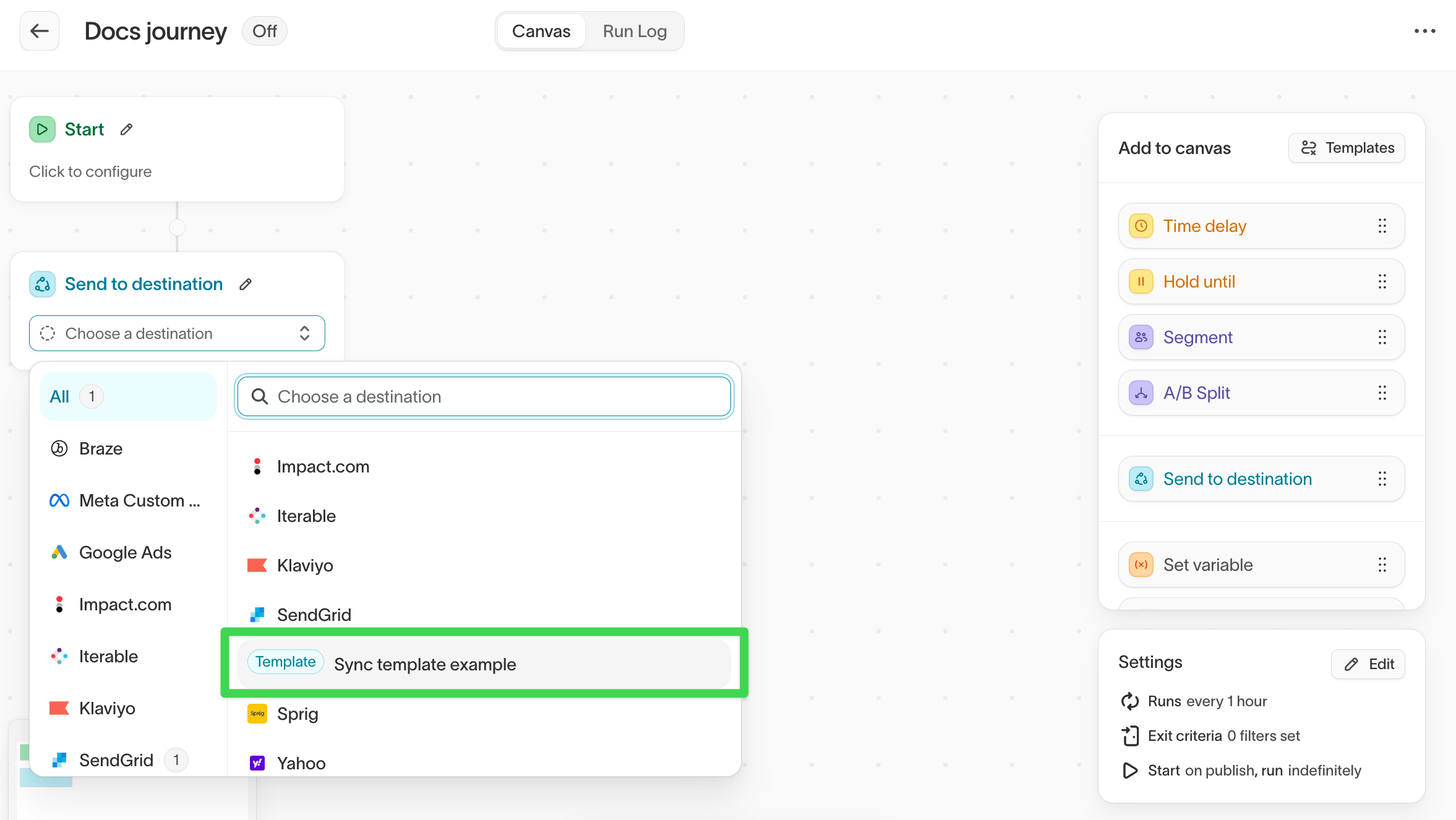 Select a sync template in a journey