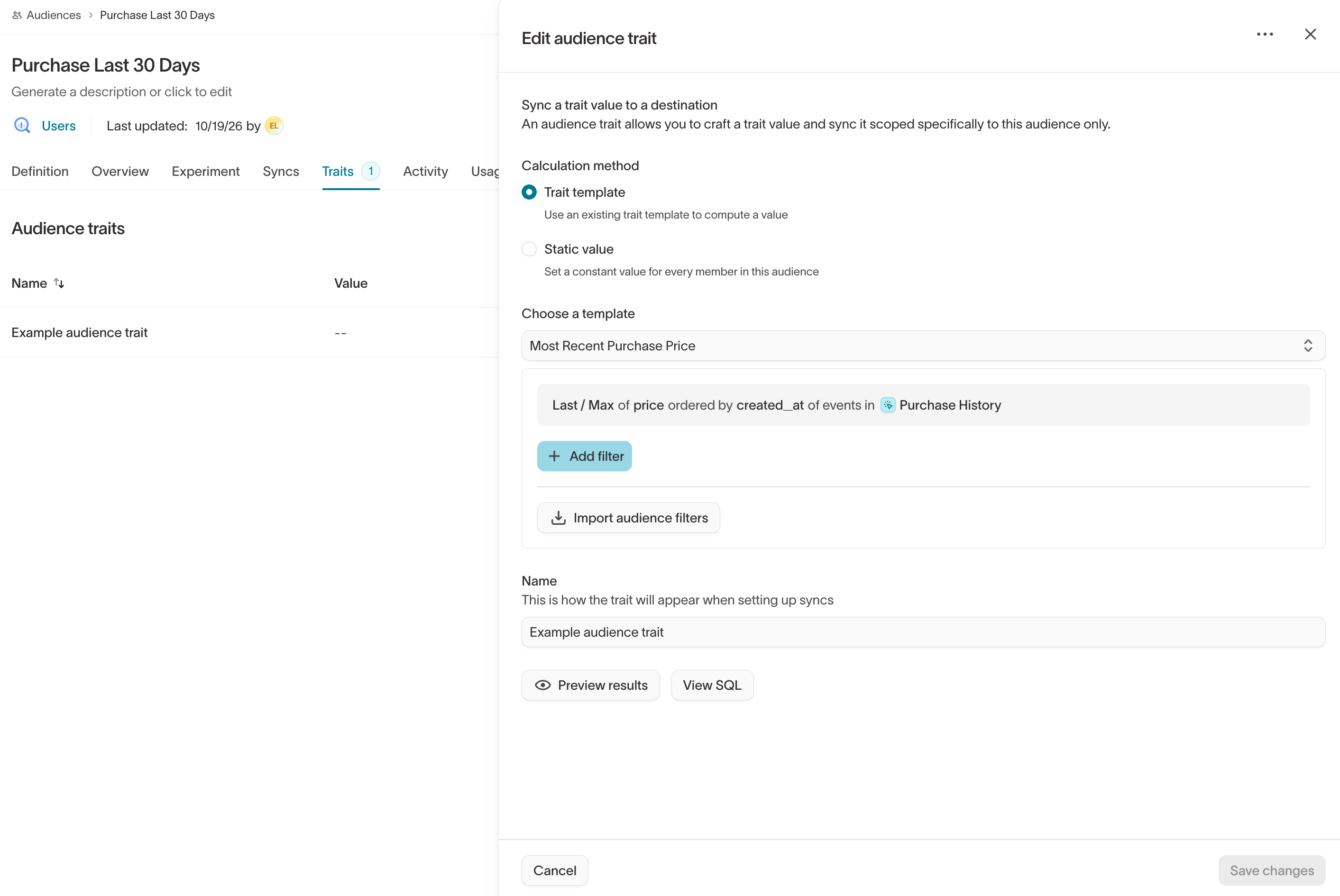 Configure an audience trait from a template or a static value