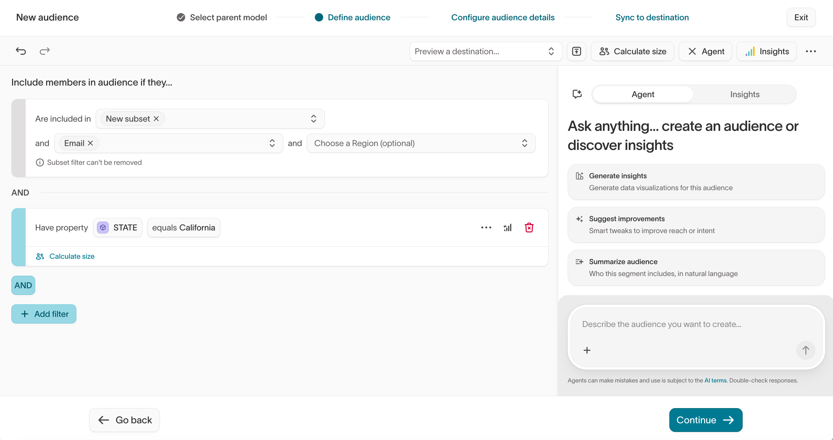 Audience builder with the agent open alongside the filter conditions