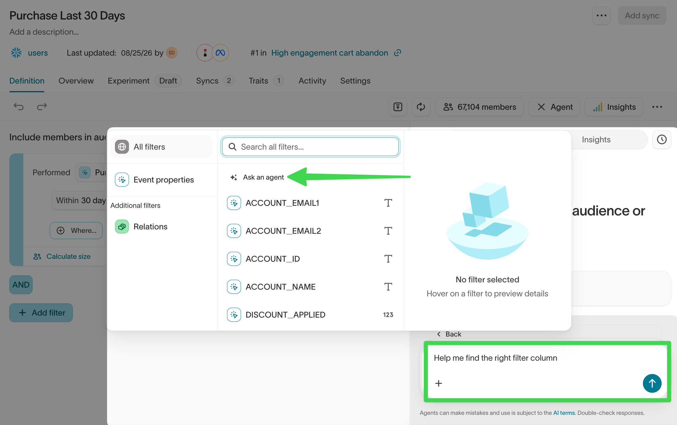Ask an agent to find the right filter from the filter picker