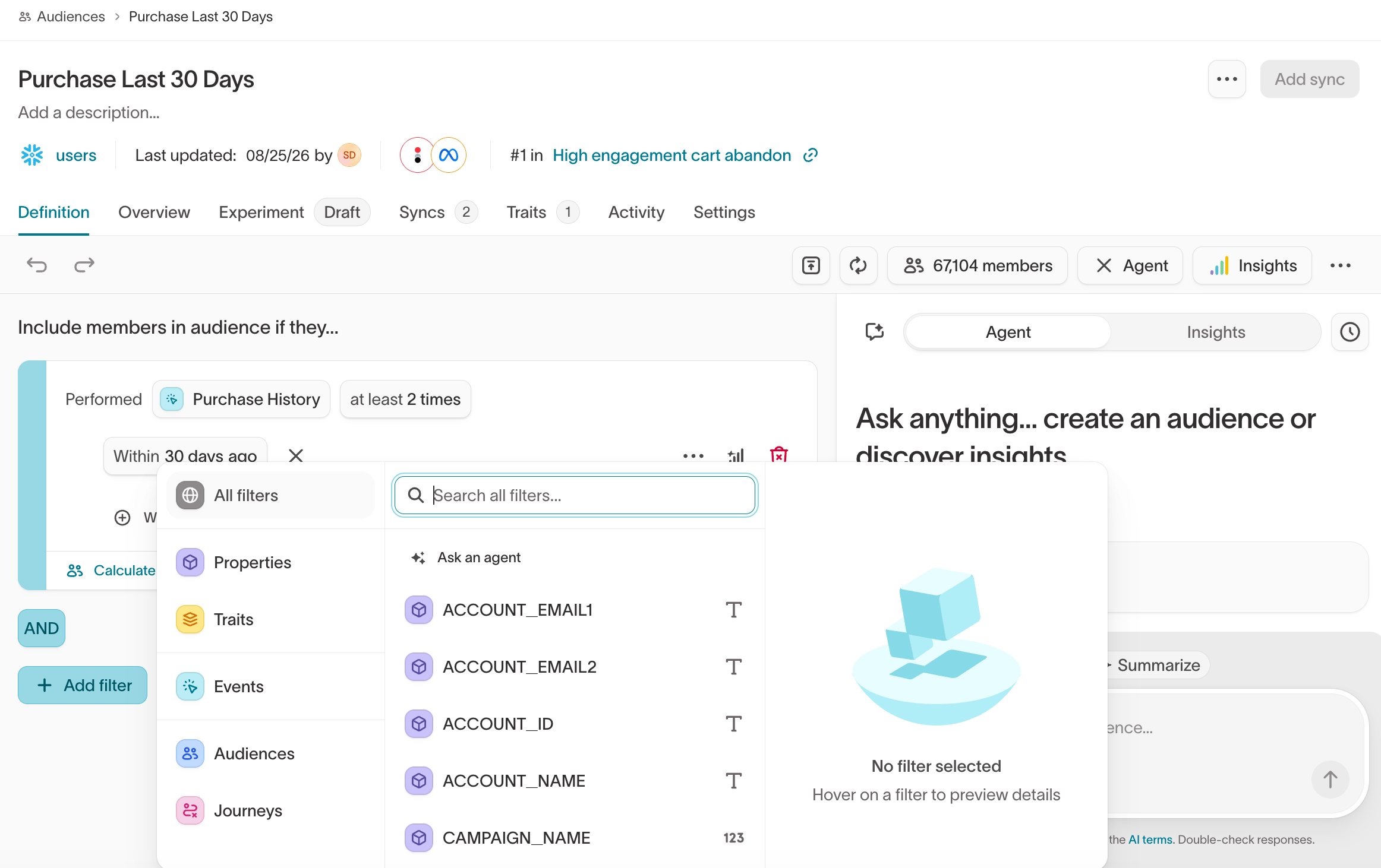 Choose a filter source in the audience builder
