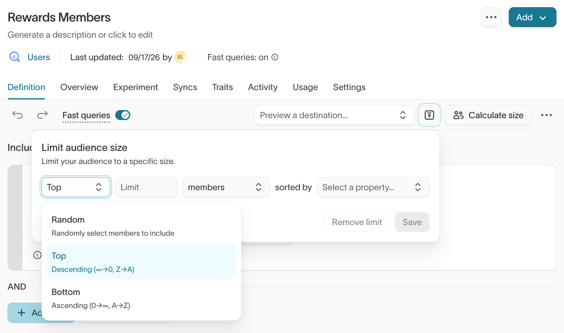 Limit an audience to the top or bottom members by a column