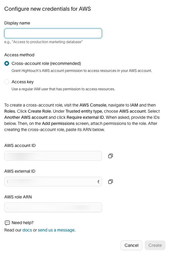 AWS credential generation in the Hightouch UI