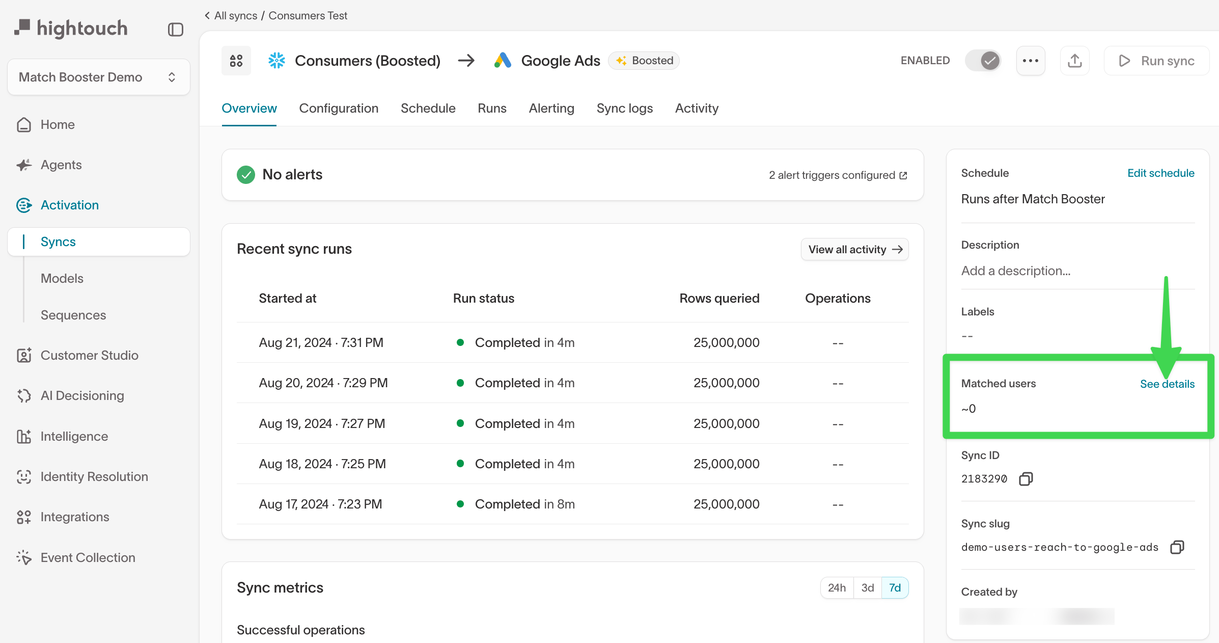 The sync overview page with the Matched users section highlighted in the right-hand panel.