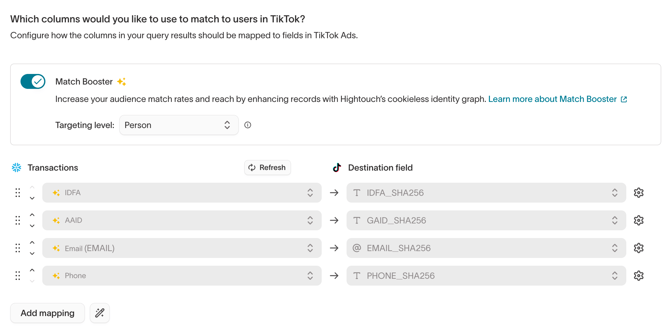 Sync configuration with Match Booster enabled, showing the targeting level and enriched field mappings.