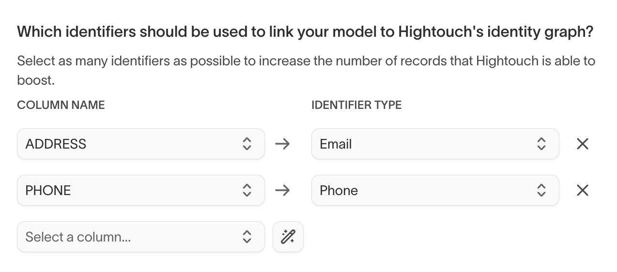 Match key mapping UI showing warehouse columns mapped to identifier types.