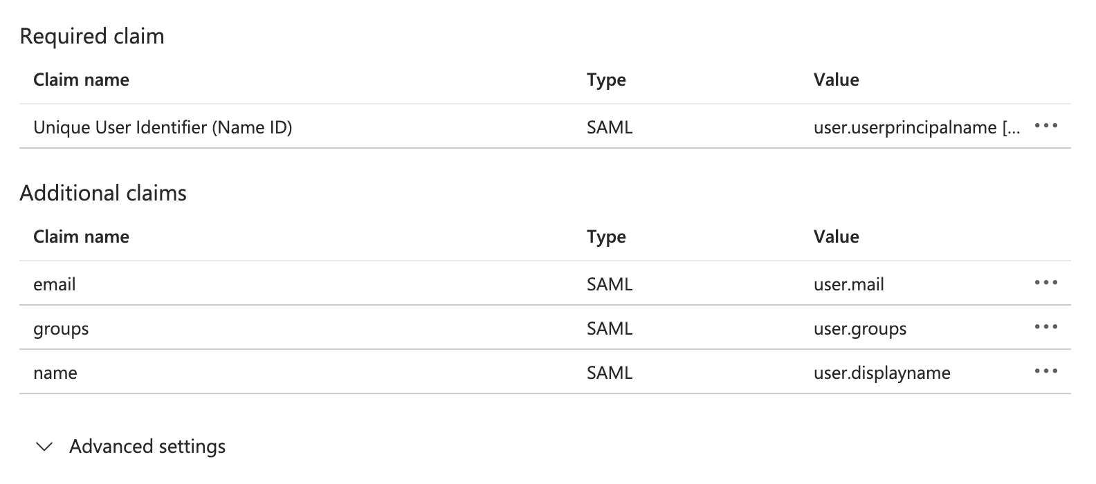 Azure required claims and values