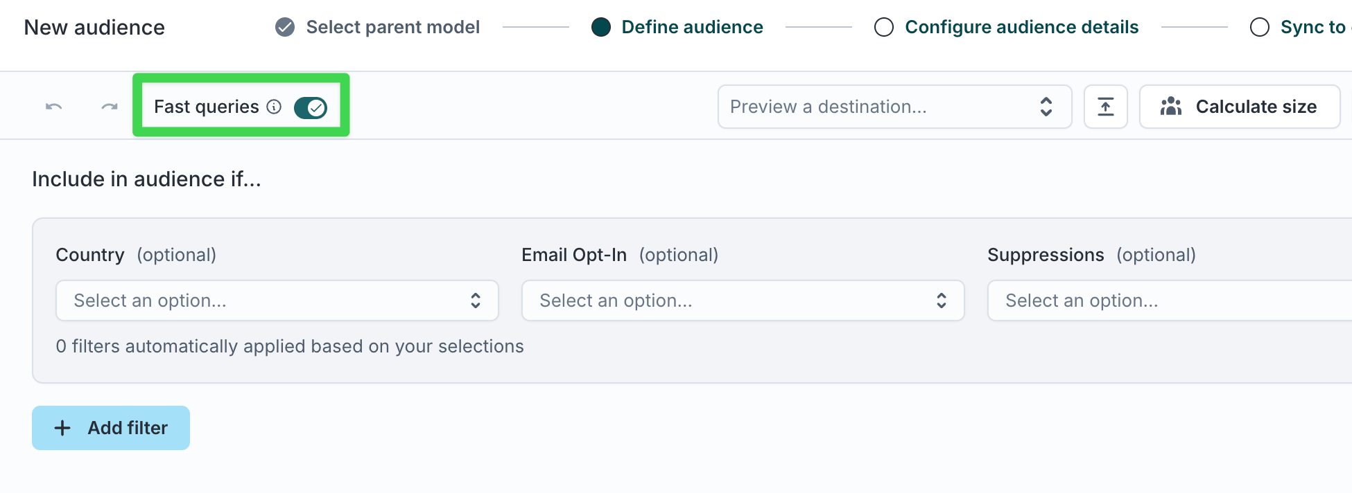 Fast queries toggle in Customer Studio