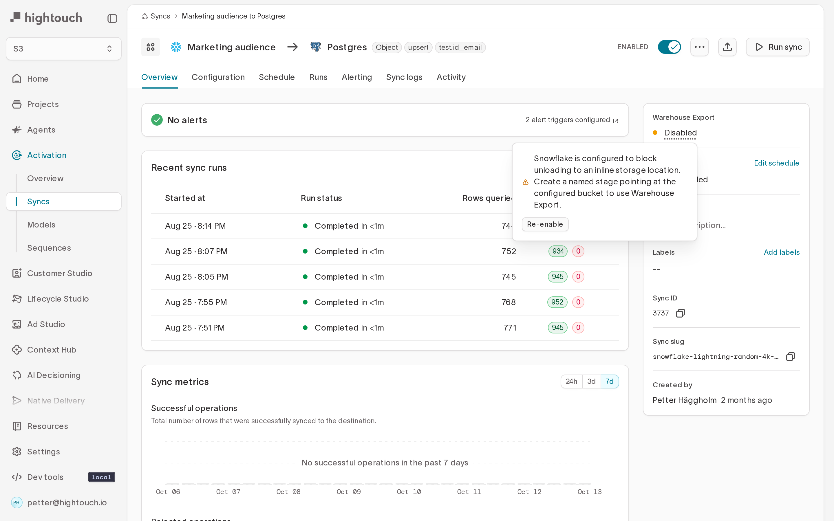 A sync's overview showing Warehouse Export disabled, with a popover explaining the configuration problem and a button to re-enable it.