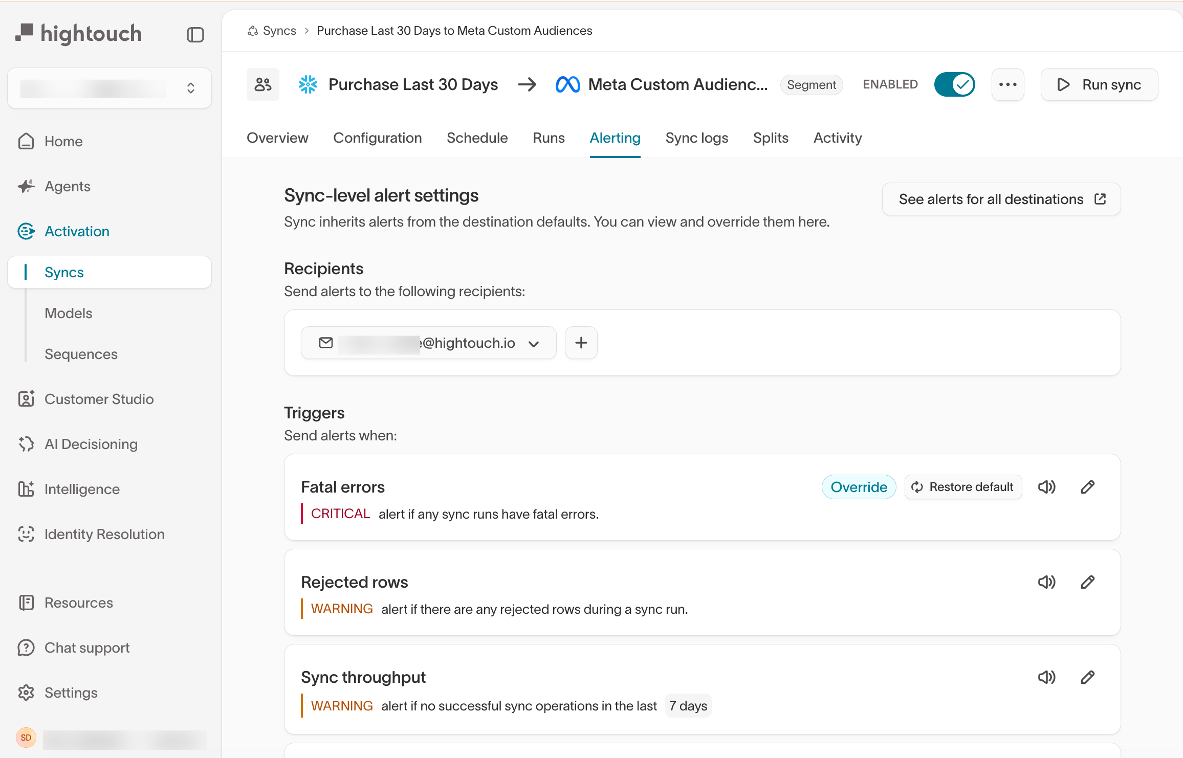 Sync-level alert settings on the Alerting tab